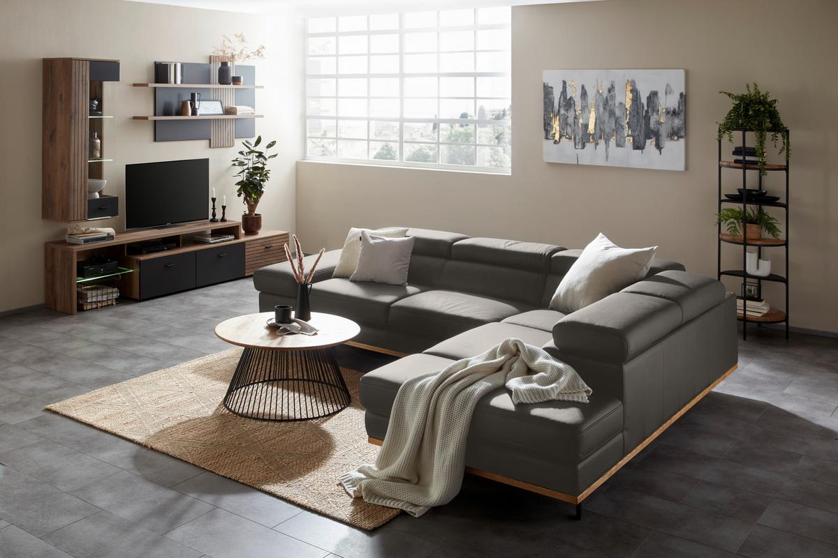 Wohnlandschaft Carmen rechts Graublau - Graublau/Schwarz, MODERN, Leder/Holz (292/72/226cm) - Premium Living