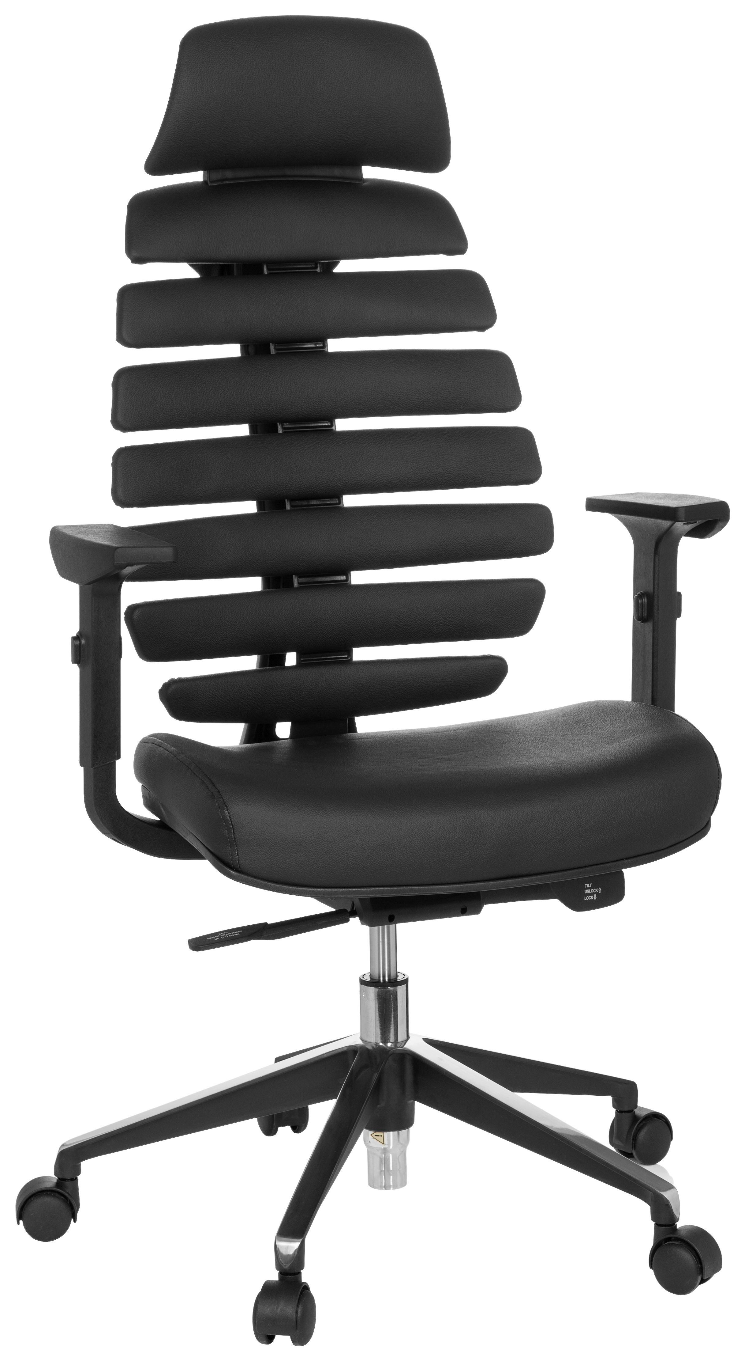 Drehstuhl Ergo Line II Pro Schwarz ca. 65x131x53cm - Schwarz/Alufarben, MODERN, Leder/Kunststoff (65/131/53cm) - MID.YOU