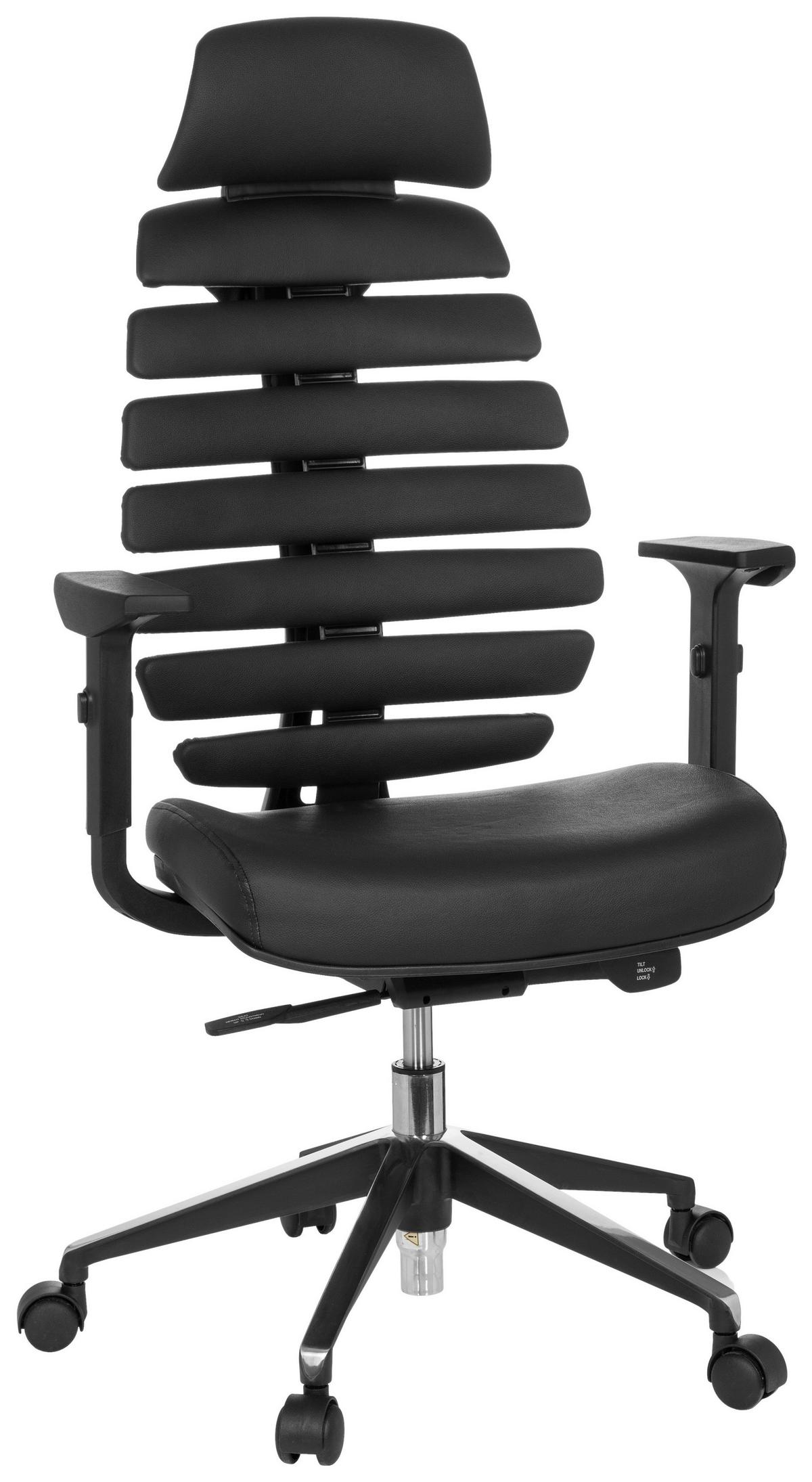 Drehstuhl Ergo Line II Pro Schwarz ca. 65x131x53cm - Schwarz/Alufarben, MODERN, Leder/Kunststoff (65/131/53cm) - MID.YOU