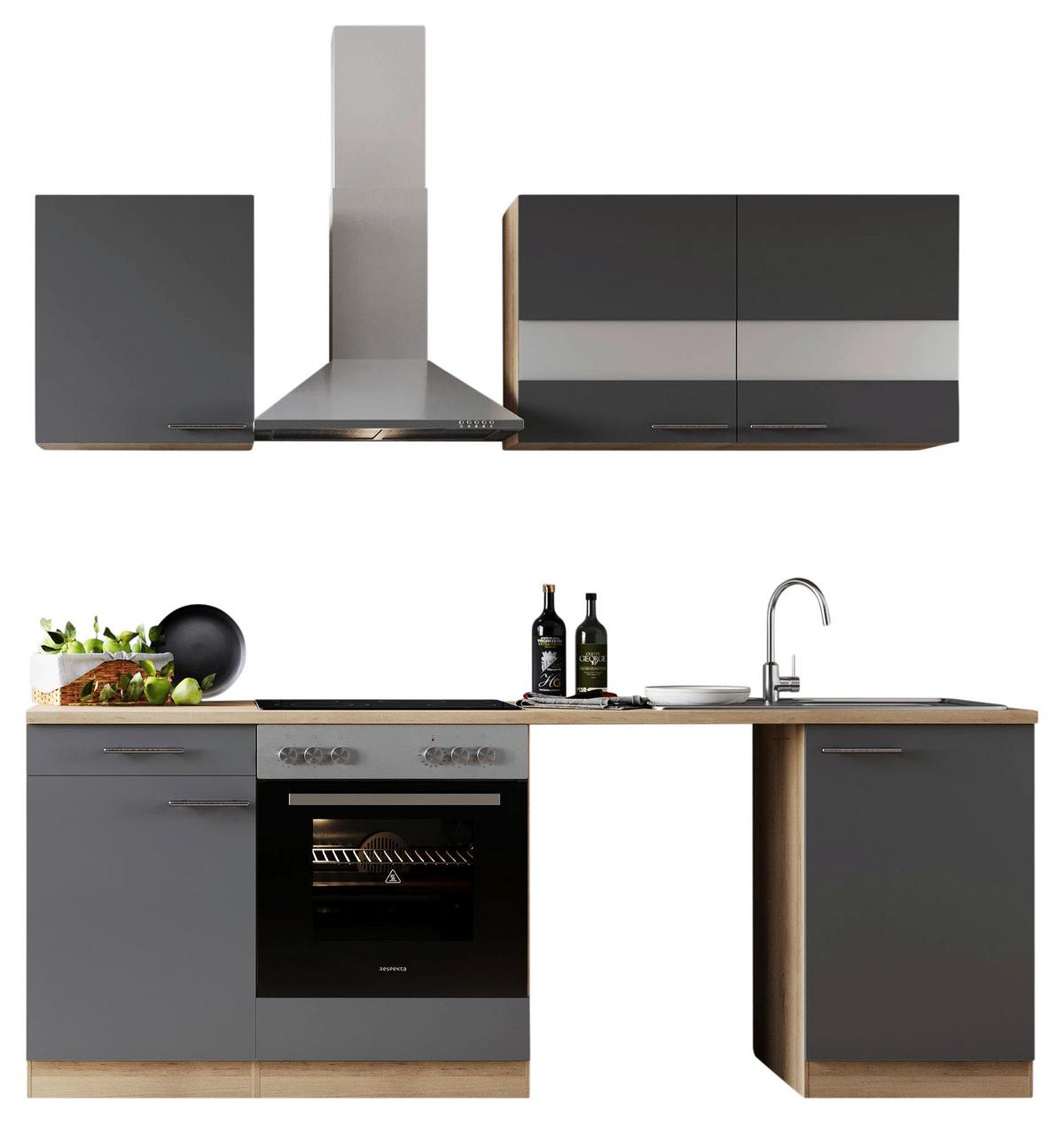 Küchenblock Merle m. Geräten Grau - Edelstahlfarben/Eichefarben, Basics, Glas/Holzwerkstoff (220cm) - Respekta