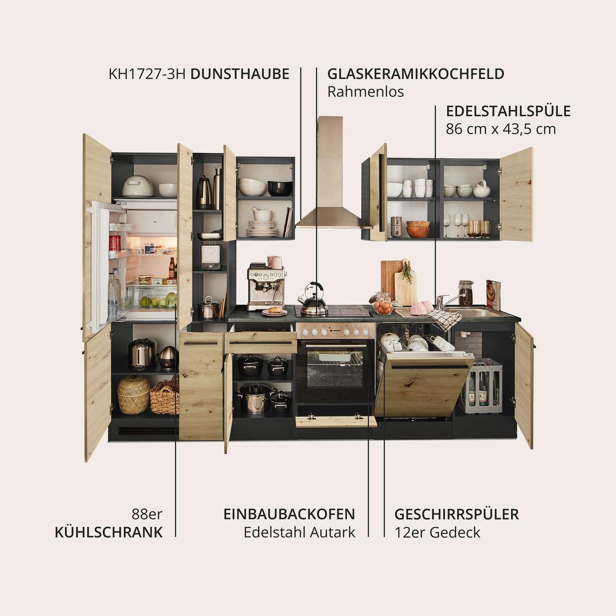 Küchenblock Jazz mit Geräten ca.310cm Eiche/Anthrazit - Anthrazit/Schwarz, LIFESTYLE, Holzwerkstoff/Kunststoff (310cm) - P & B