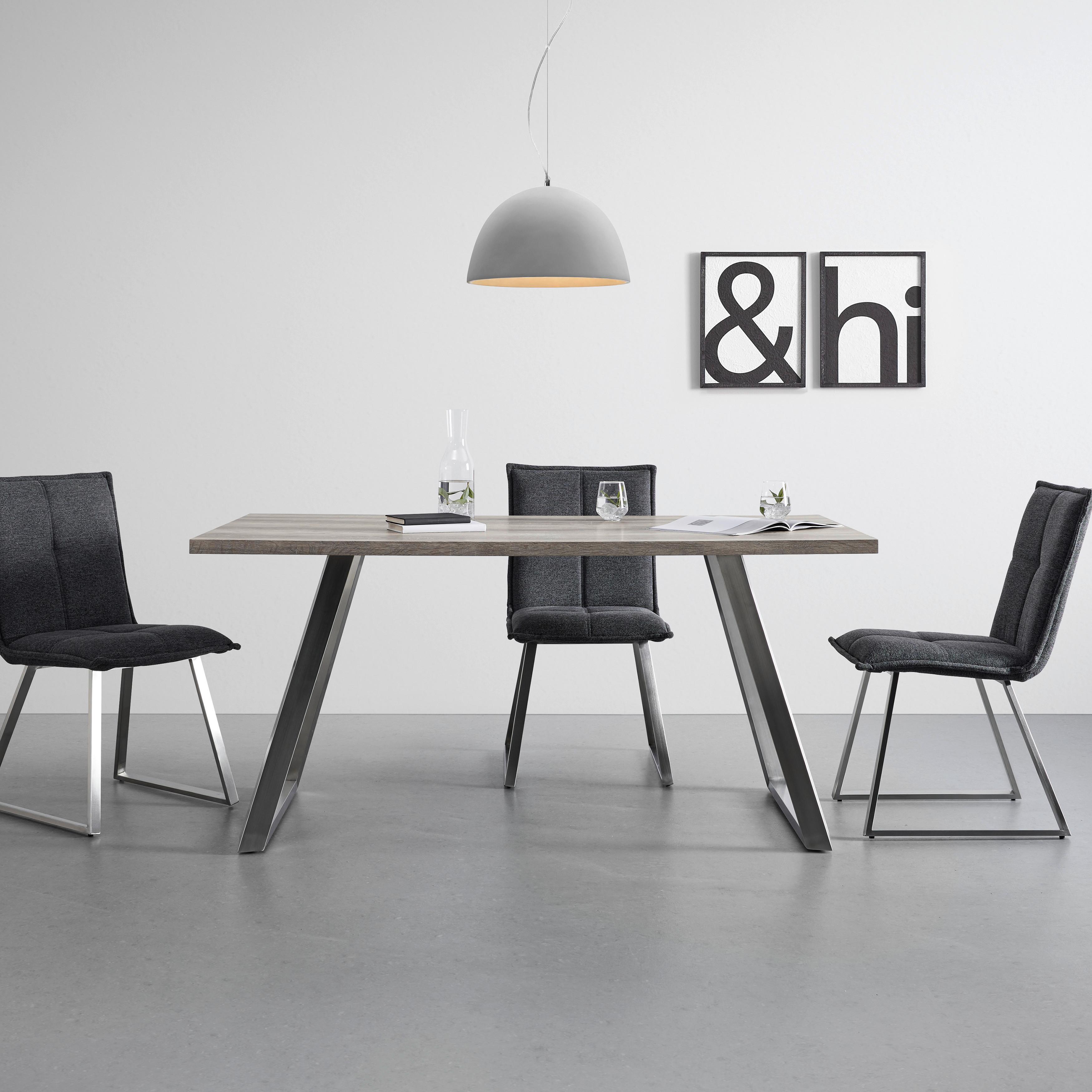 Esstisch Holz "Melani", ca. 160x90 cm, Eiche - Edelstahlfarben/Eichefarben, Modern, Holzwerkstoff/Metall (160/90/76cm) - Bessagi Home