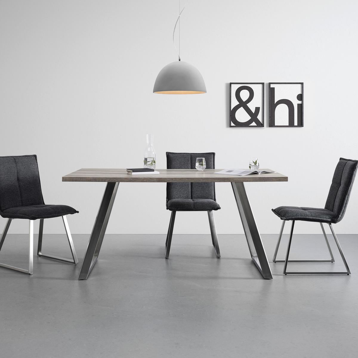 Esstisch Holz "Melani", ca. 160x90 cm, Eiche - Edelstahlfarben/Eichefarben, Modern, Holzwerkstoff/Metall (160/90/76cm) - Bessagi Home