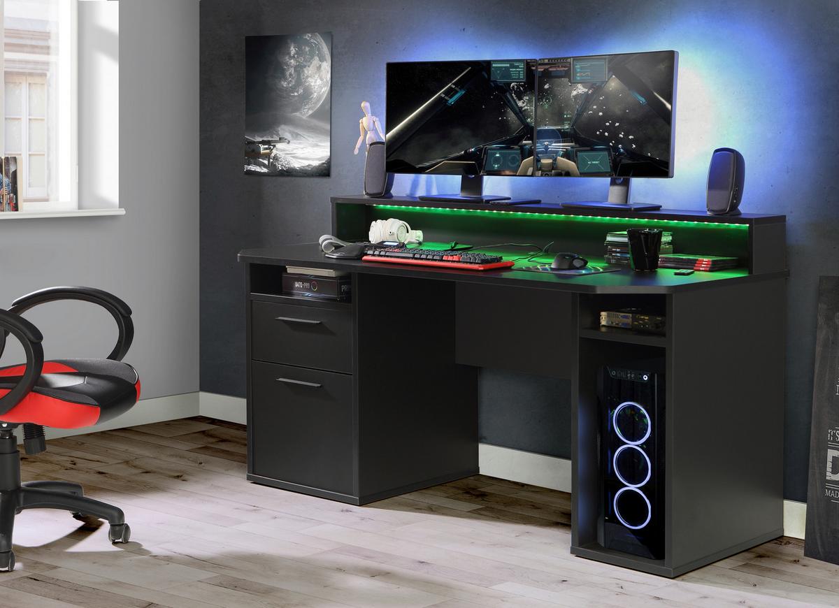 Gaming Miza Tezauer, Črna - črna/barve aluminija, Moderno, kovina/umetna masa (160/72/91cm) - MID.YOU