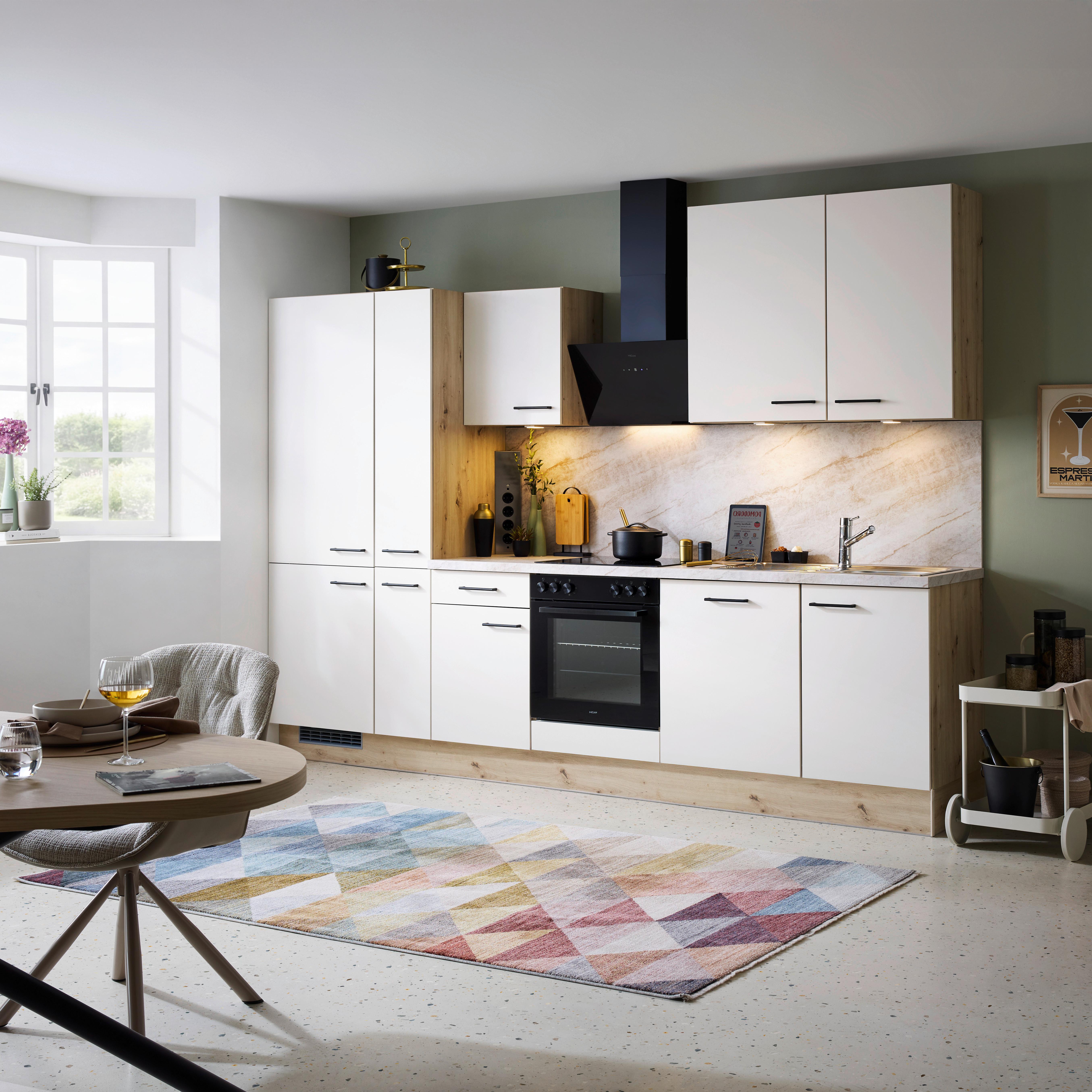 Küchenblock IP1200 o. Geräte Weiß/Eiche - Eichefarben/Schwarz, MODERN, Holzwerkstoff/Metall (310cm) - Impuls