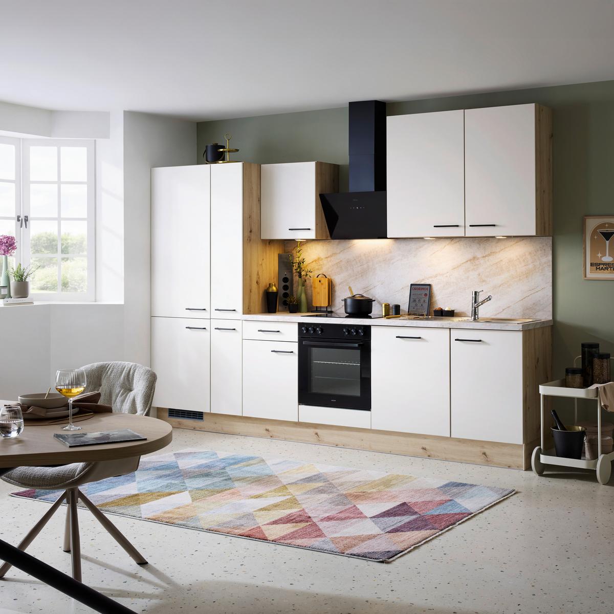 Küchenblock IP1200 o. Geräte Weiß/Eiche - Eichefarben/Schwarz, MODERN, Holzwerkstoff/Metall (310cm) - Impuls