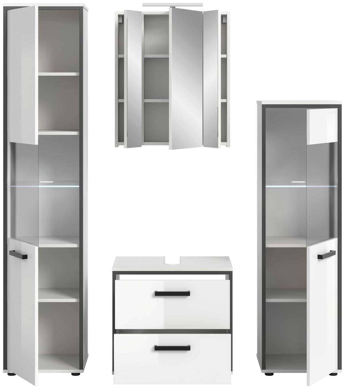 Badezimmer Kojak 4-tlg. Weiß/Anthrazit m. LED - Weiß Hochglanz/Schwarz, MODERN, Holzwerkstoff/Kunststoff (140cm) - MID.YOU