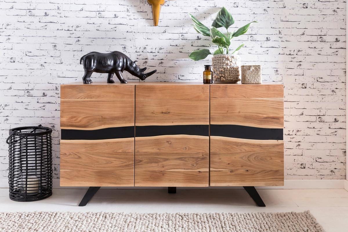 Komoda Boha, Pravi Les - črna/barve akacije, Design, kovina/les (148/85/43cm) - MID.YOU