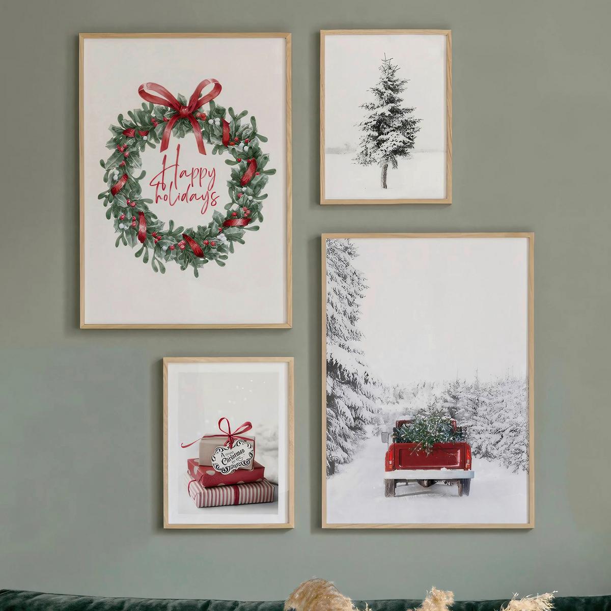 ZESTAW OBRAZÓW NWYEARMDL4 - zielony/czerwony, Basics, materiał drewnopochodny - X-Mas