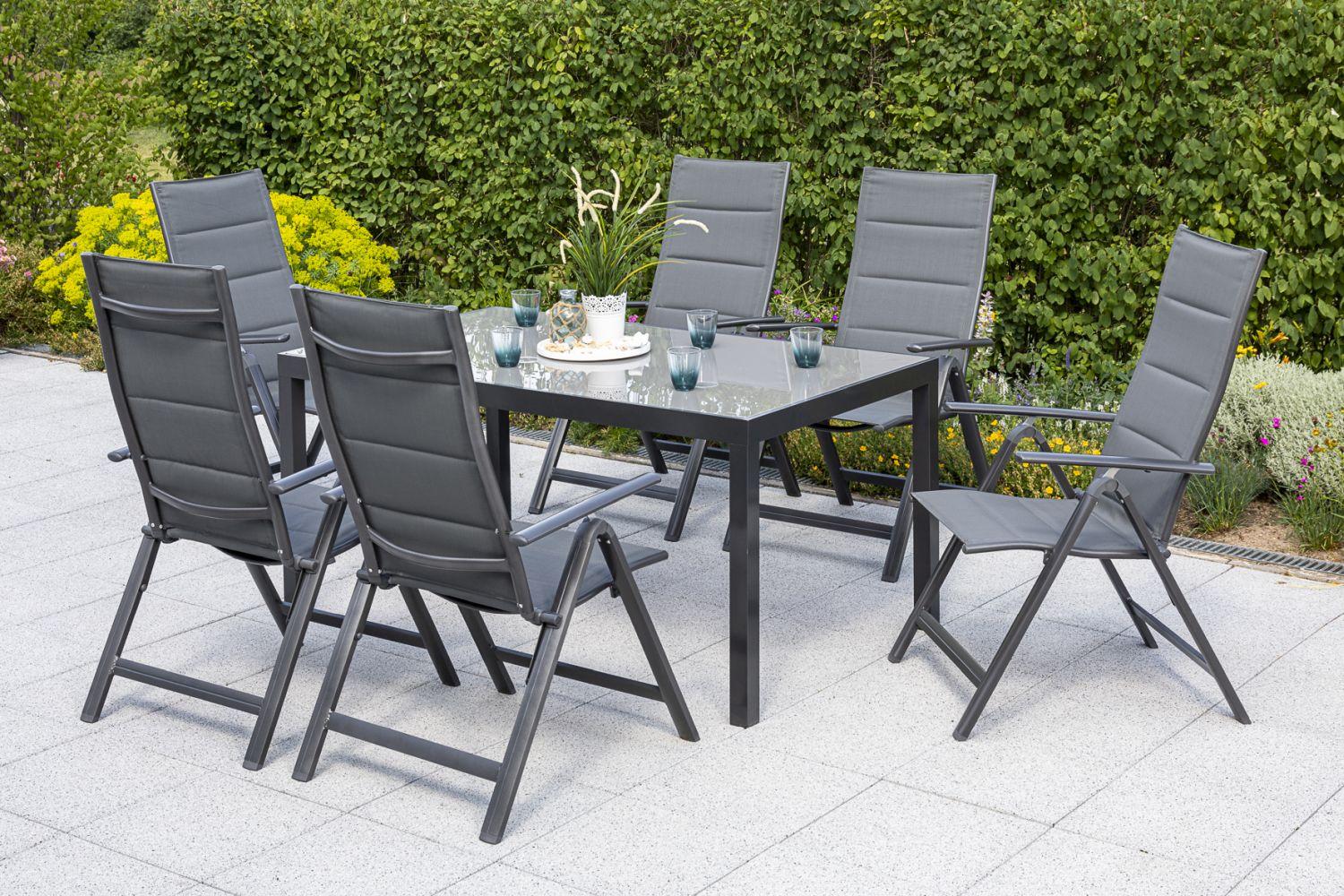 Gartengarnitur 7-tlg. Taviano Metall/Textil/Glas - Graphitfarben/Grau, ROMANTIK / LANDHAUS, Glas/Textil - Gardenson