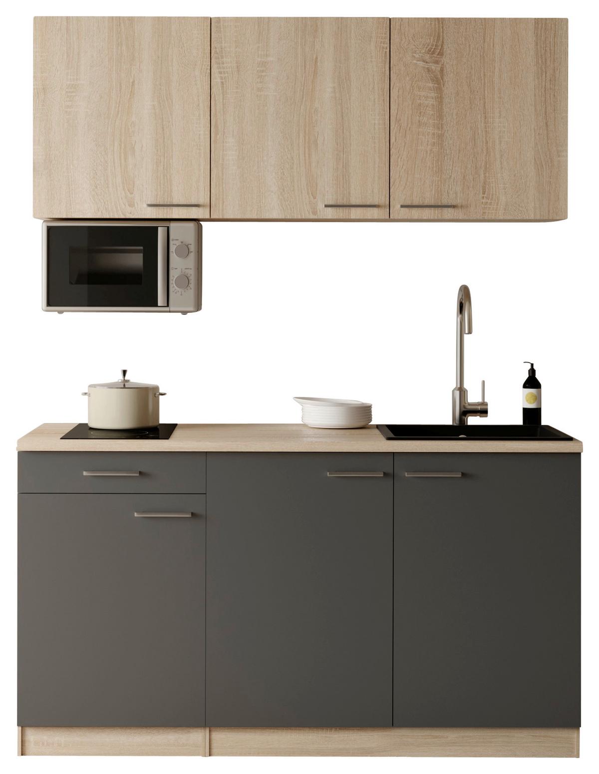 Miniküche Ingrid m. Geräten ca. 150cm Grau - Eichefarben/Alufarben, Design, Holzwerkstoff/Kunststoff (150cm) - Respekta