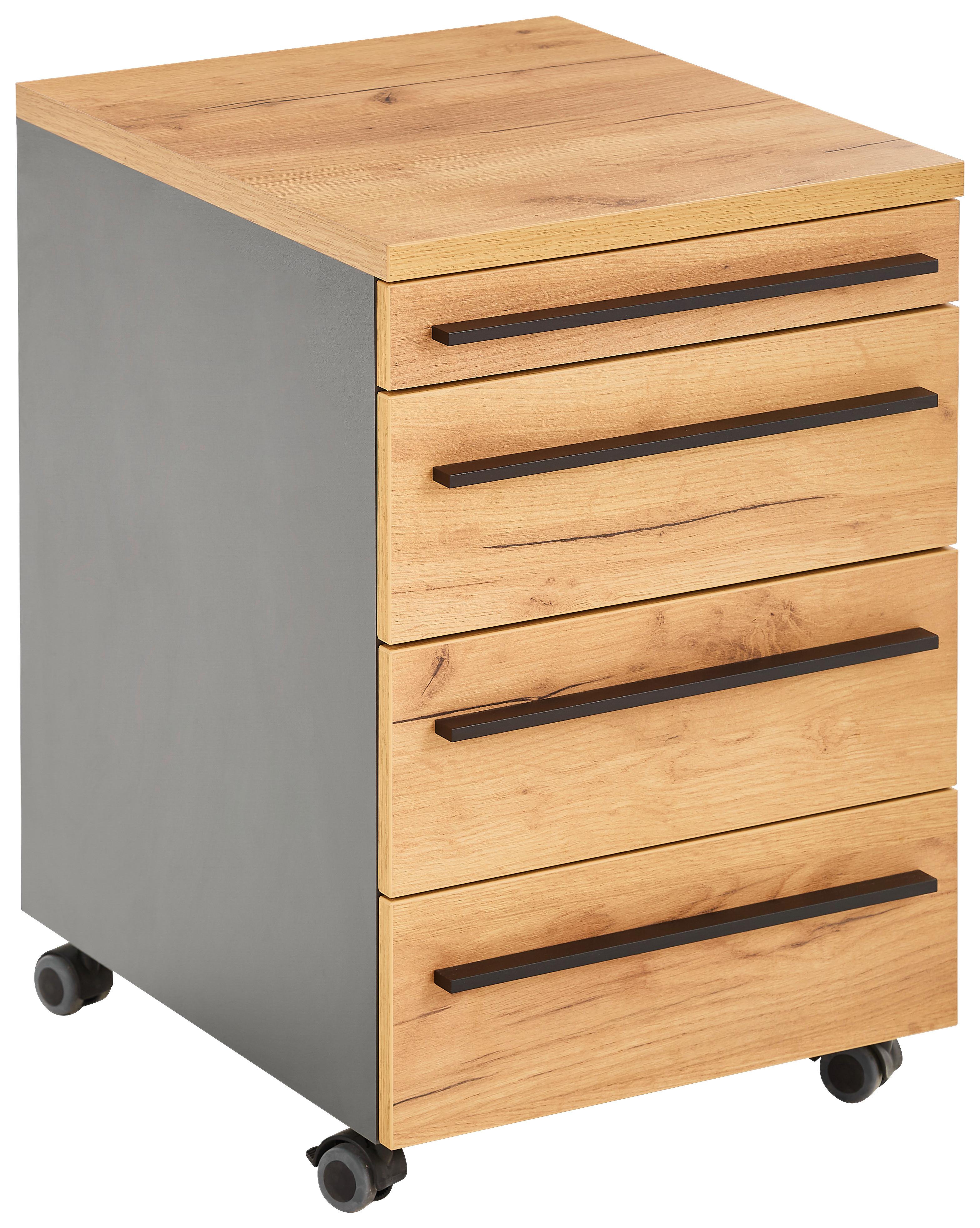 KONTENER NA KÓŁKACH RENTON - kolor dębowy/czarny, Modern, materiał drewnopochodny/tworzywo sztuczne (42/61/49cm) - Novel