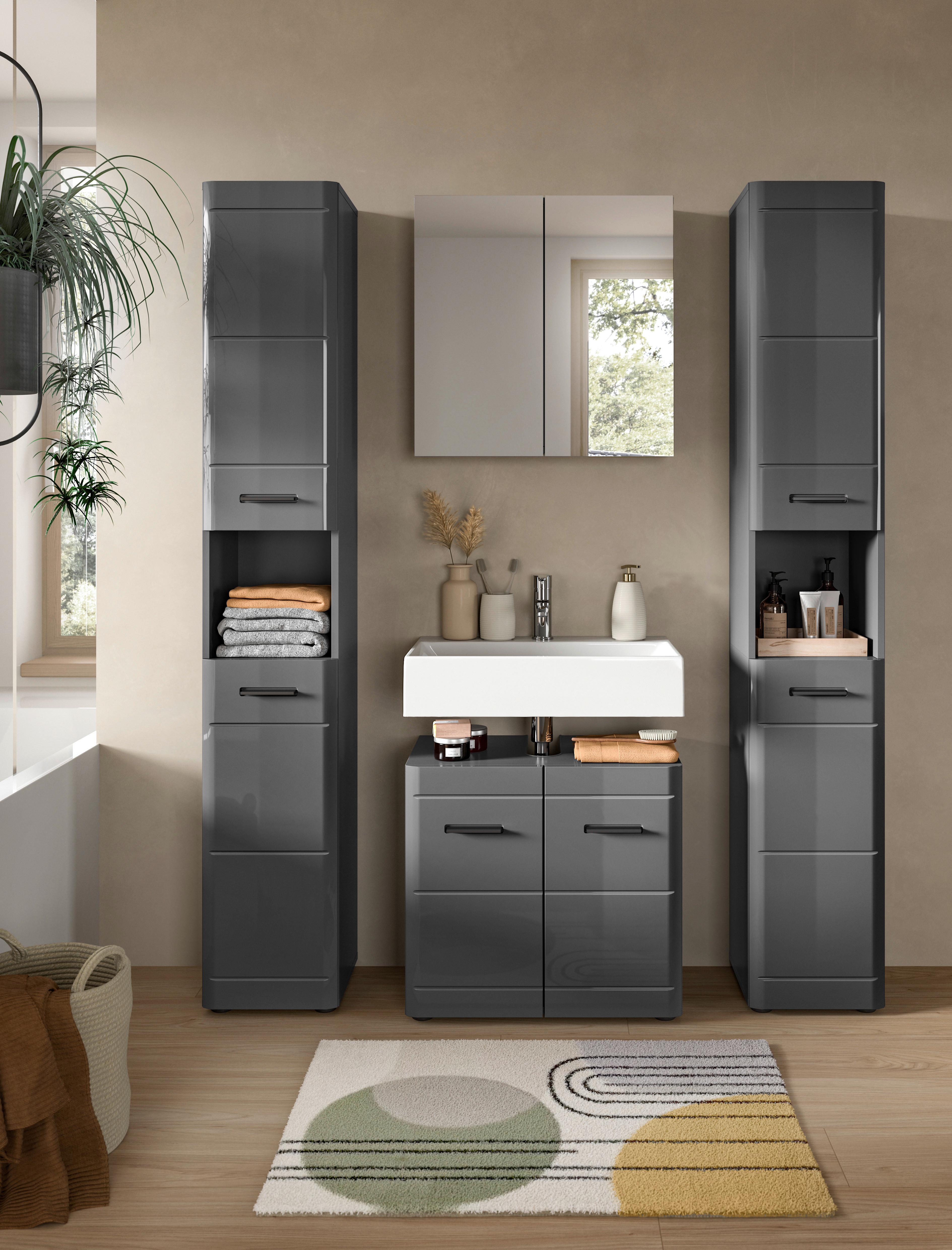 Spiegelschrank Soft ca. 60x60x15 cm Grau hochglanz - MODERN, Glas/Holzwerkstoff (60/60/15cm) - MID.YOU