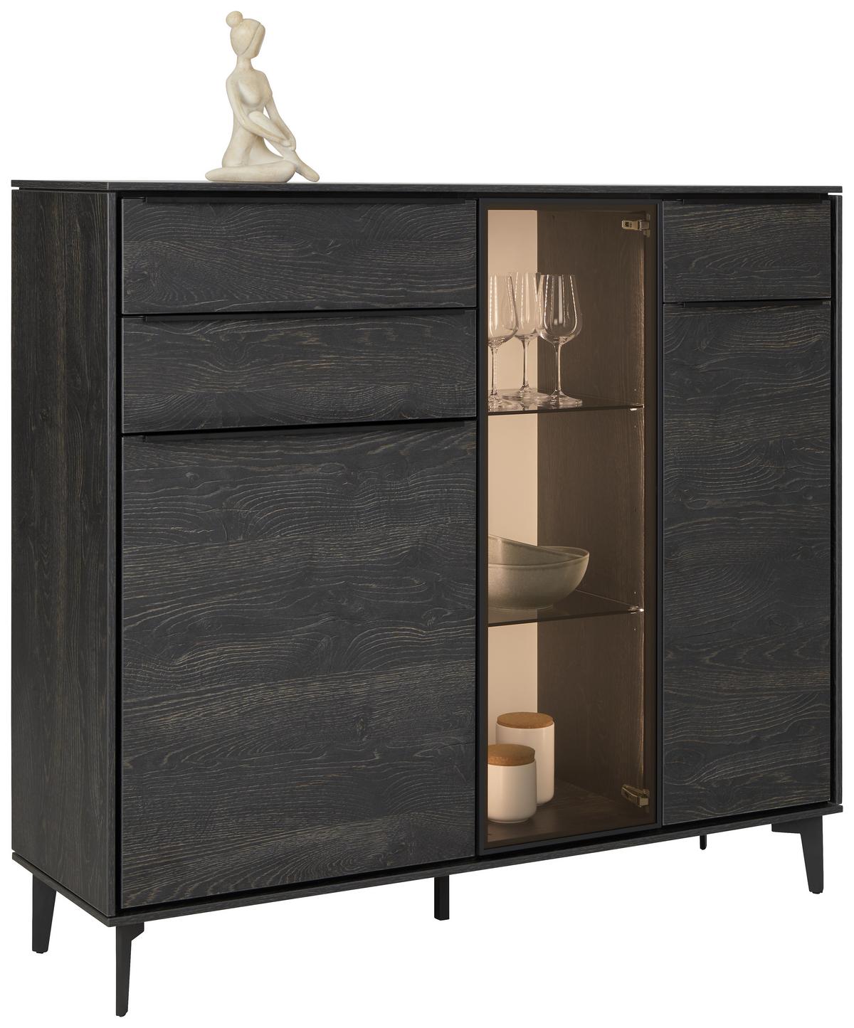 Highboard in Anthrazit. - Anthrazit/Schwarz, Modern, Glas/Holzwerkstoff (133/123/40cm) - Premium Living