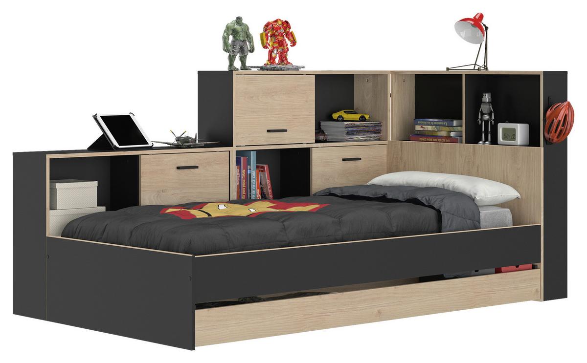 Postelja S Predalom Erwan, Črna, Barva Kostanja, 90x200cm - črna/barve kostanja, Moderno, leseni material (90/200cm) - MID.YOU