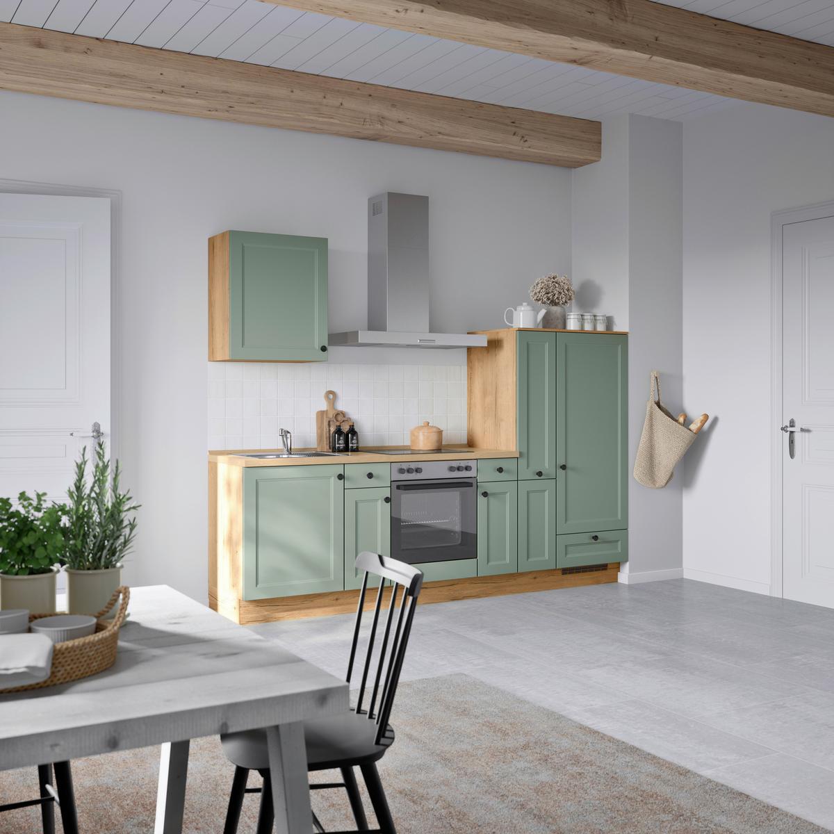 Küchenblock Cascada Low m. Geräten Schilfgrün - Schilfgrün/Eichefarben, MODERN, Holzwerkstoff/Metall (270cm) - Nobilia
