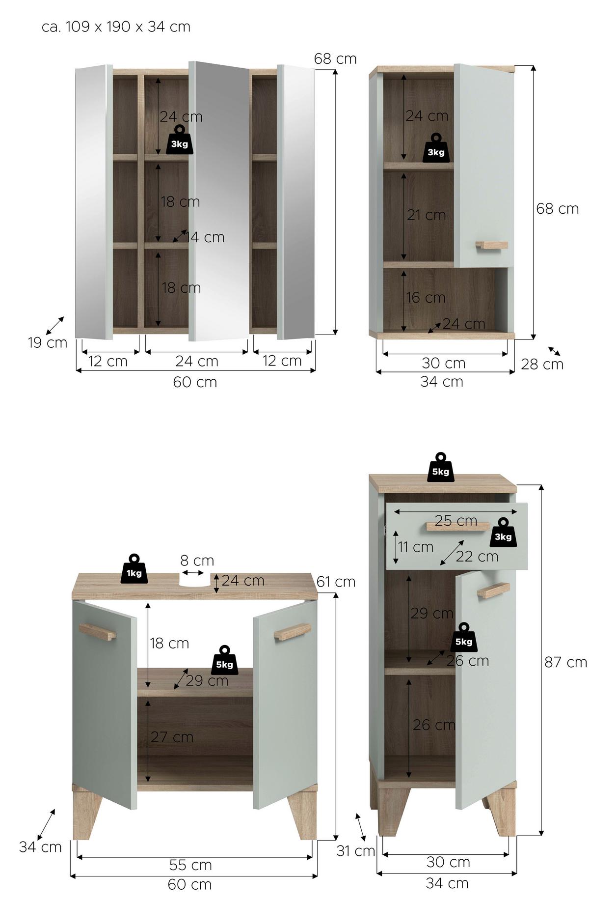 Badezimmer Star 4-tlg. ca. 94 cm Eiche/Grüngrau - Graugrün/Eiche San Remo, MODERN, Holzwerkstoff/Kunststoff (94cm) - MID.YOU