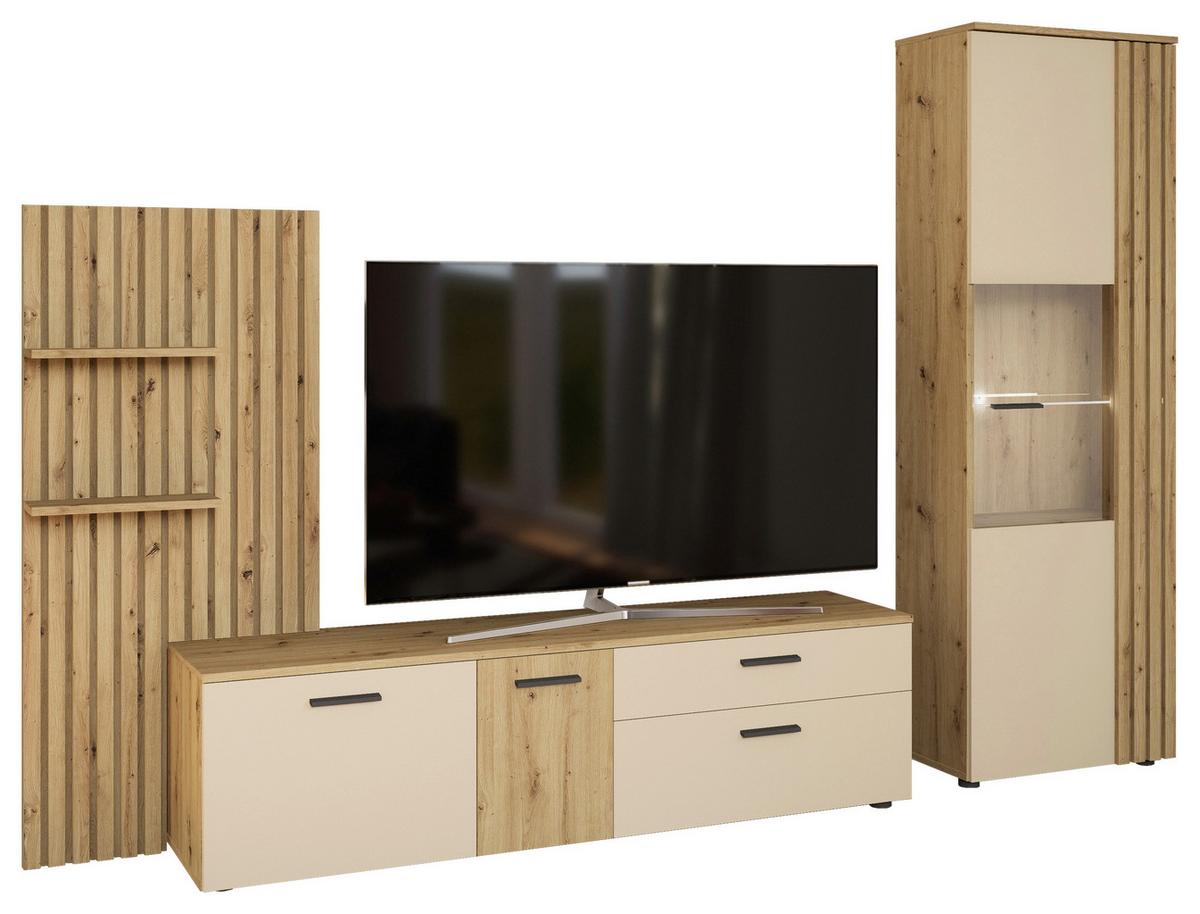 Anbauwand Gatwick Creme/Eiche Artisan - Creme/Schwarz, MODERN, Glas/Holzwerkstoff (280/180/38cm) - Mömax