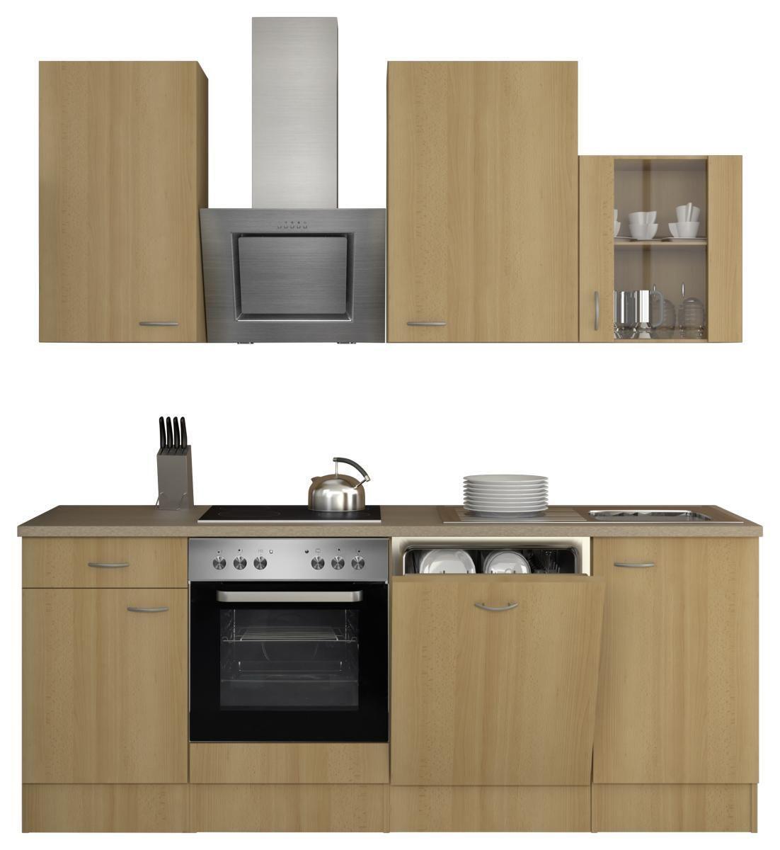 Küchenblock in Buche inkl. Geräte und Spüle 'Nano' - Edelstahlfarben/Beige, MODERN, Glas/Holzwerkstoff (220cm) - FlexWell