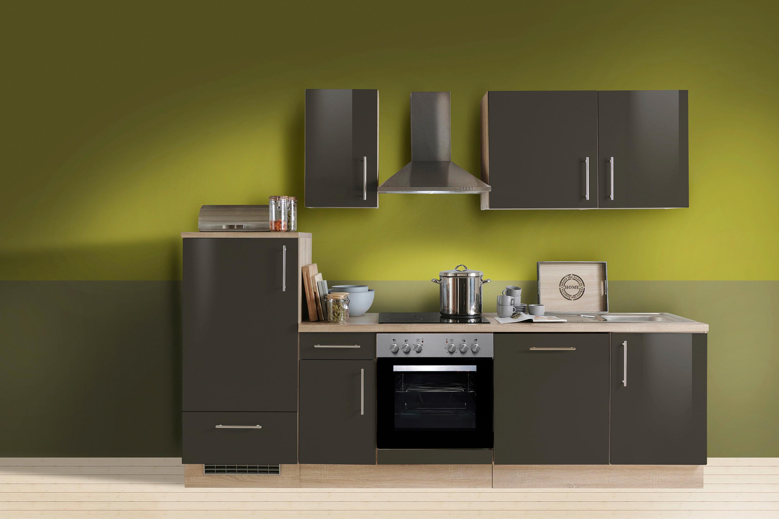 Menke Küchenblock Premium Dunkelbraun/Eiche ca. 270 cm - Dunkelbraun/Silberfarben, KONVENTIONELL, Holzwerkstoff/Metall (270cm) - Menke