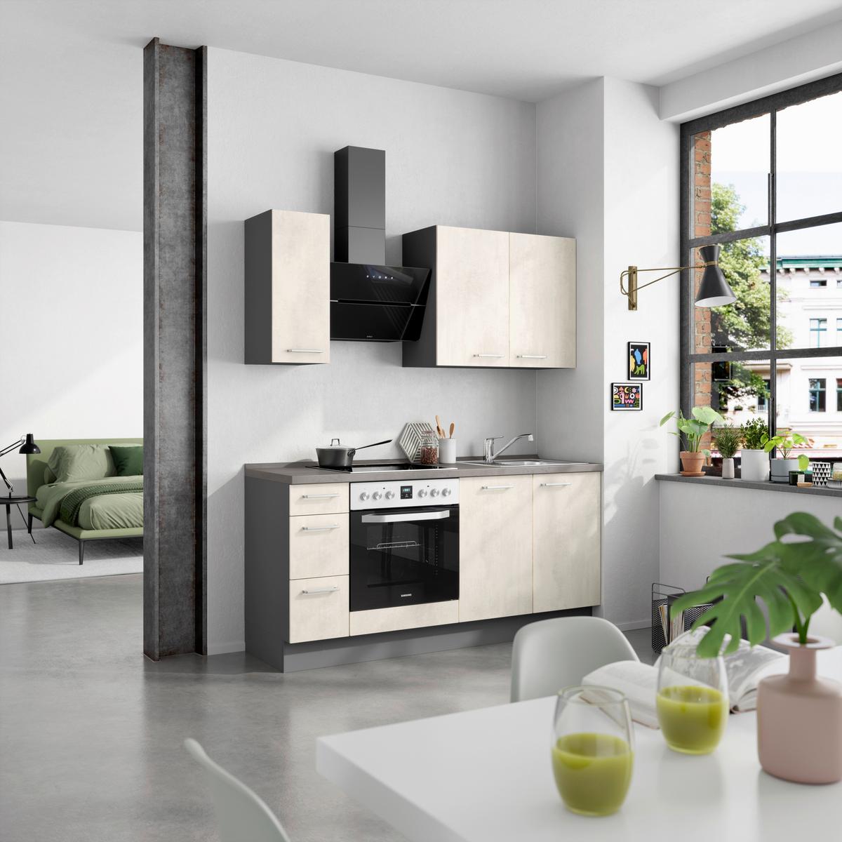 Küchenblock Riva High m. Geräten Weiß - Schieferfarben/Edelstahlfarben, MODERN, Holzwerkstoff/Metall (180cm) - Nobilia