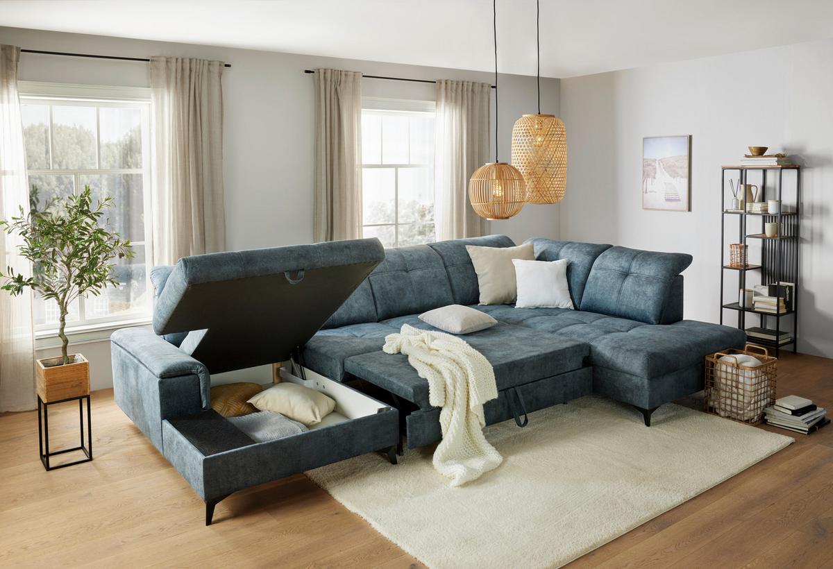 Kutna Garnitura Sierra - plavkastosiva/crna, Moderno, tekstil/metal (181/364/230cm) - Modern Living