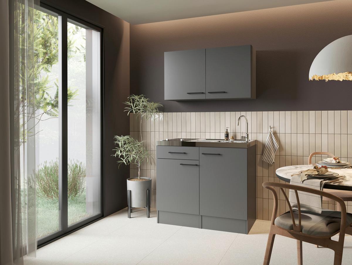 Miniküche Oliver m. Gerät ca. 100cm Grau - Schwarz/Grau, Trend, Holzwerkstoff/Metall (100cm) - Respekta