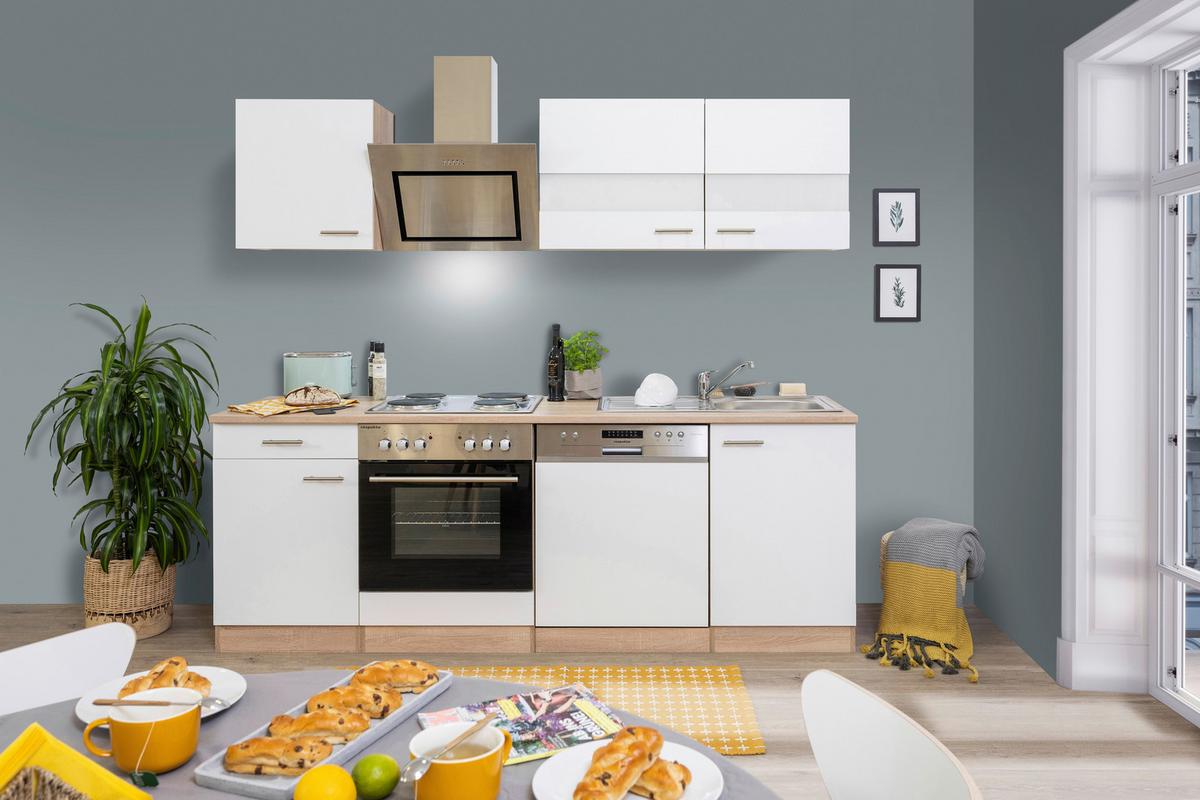 Küchenblock Merle mit Geräten ca. 220 cm Weiß - Edelstahlfarben/Eichefarben, Basics, Holzwerkstoff/Metall (220cm) - Respekta