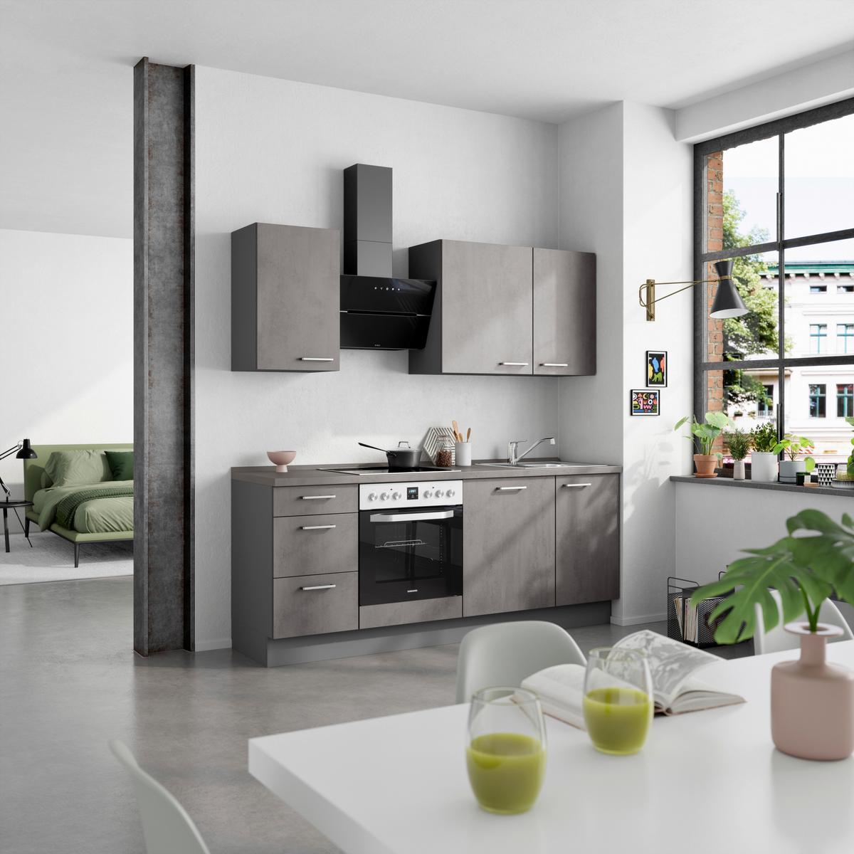 Küchenblock Riva High m. Geräten Schieferfarben - Schieferfarben/Edelstahlfarben, MODERN, Holzwerkstoff/Metall (210cm) - Nobilia