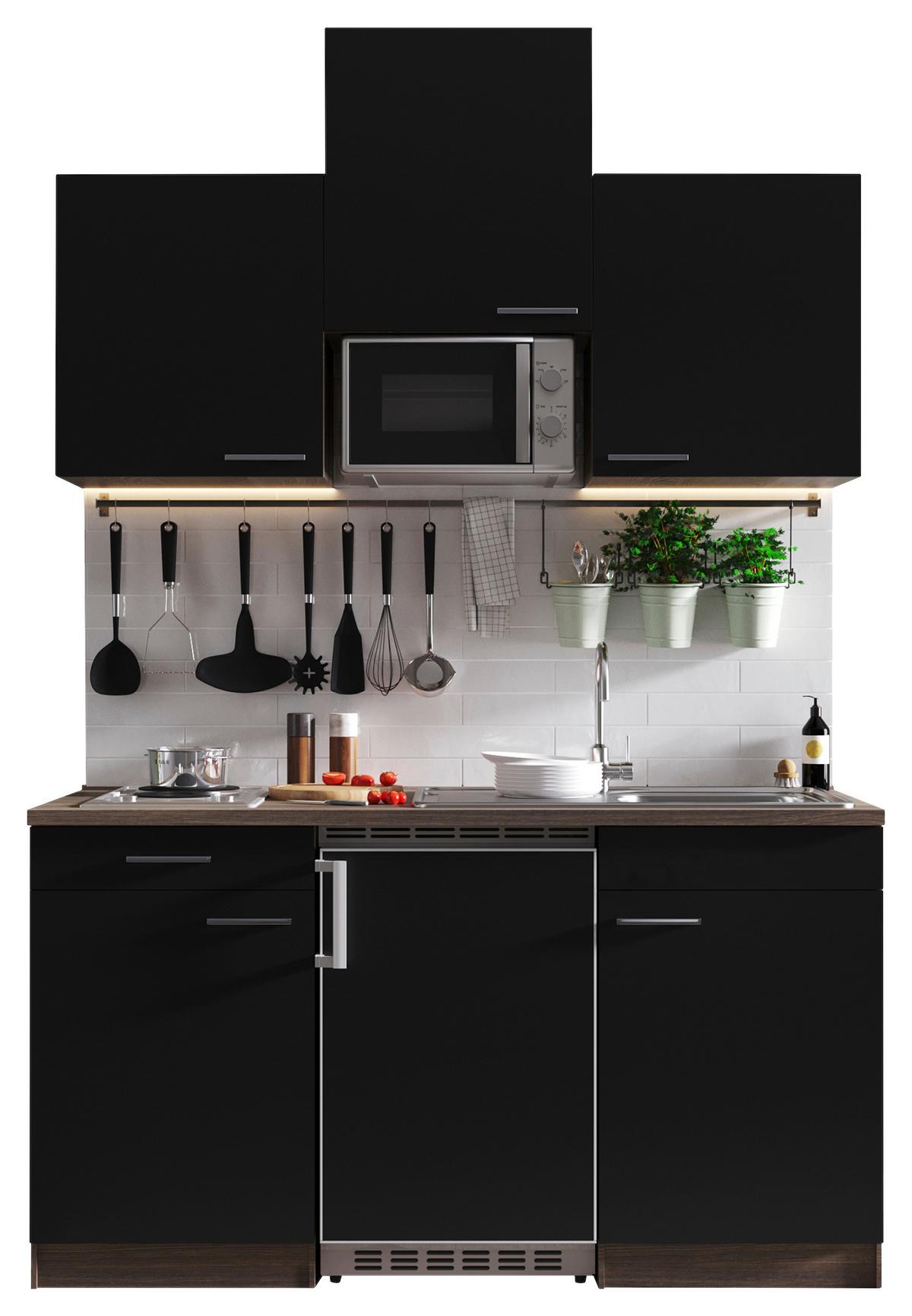 Miniküche Oliver mit Geräten ca. 150 cm Schwarz - Eichefarben/Schwarz, Basics, Holzwerkstoff/Kunststoff (150cm) - Respekta