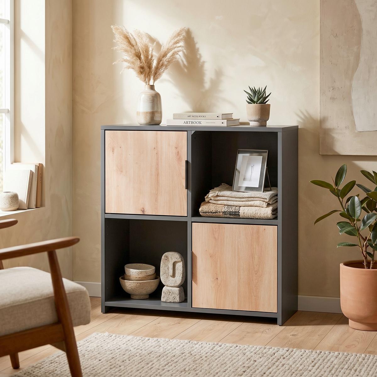Regal Pepeto 2T ca. 77x77x30cm Anthrazit/Eiche - Anthrazit/Schwarz, Design, Holzwerkstoff/Metall (77/77/30cm) - Livetastic