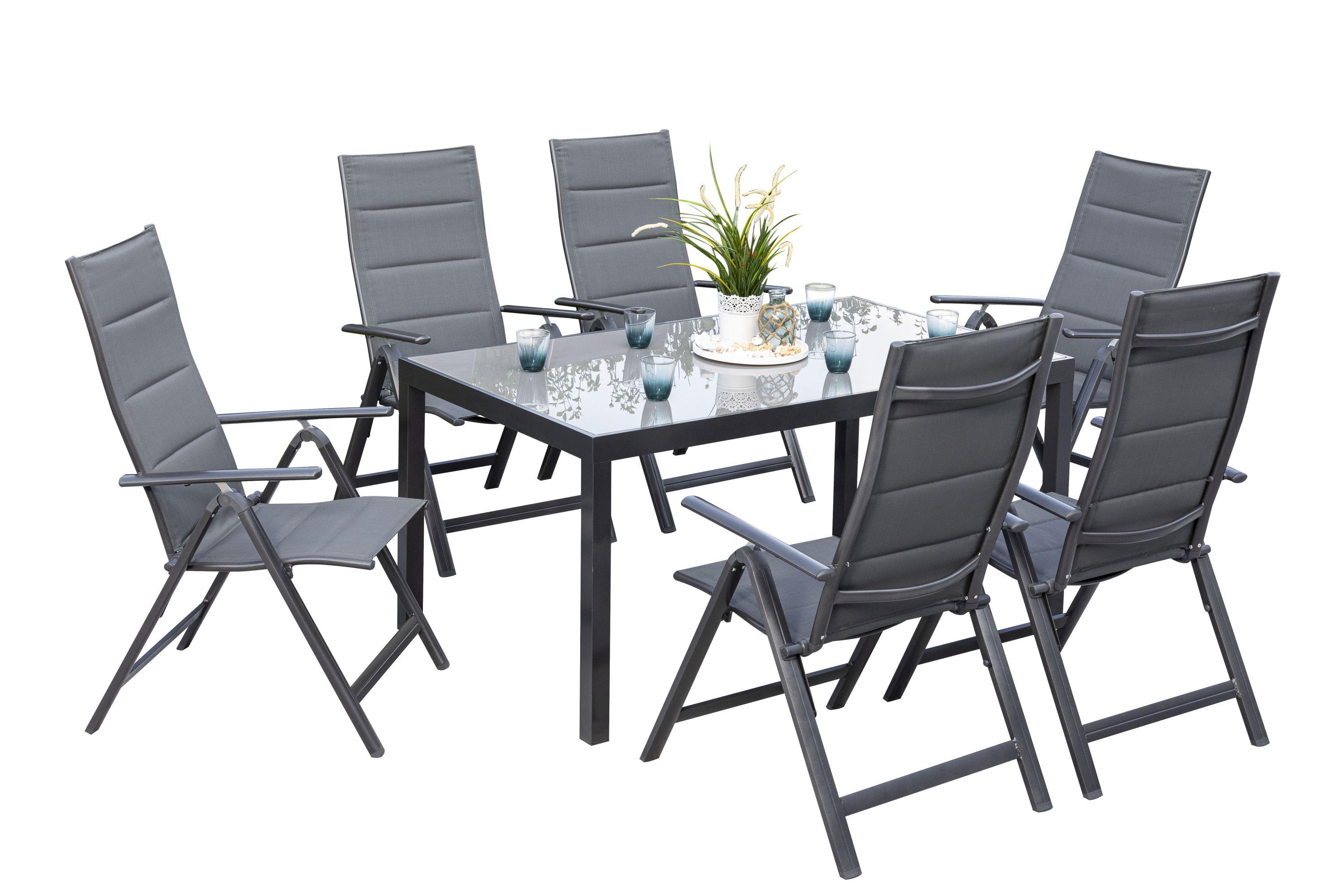 Gartengarnitur 7-tlg. Taviano Metall/Textil/Glas - Graphitfarben/Grau, ROMANTIK / LANDHAUS, Glas/Textil - Gardenson