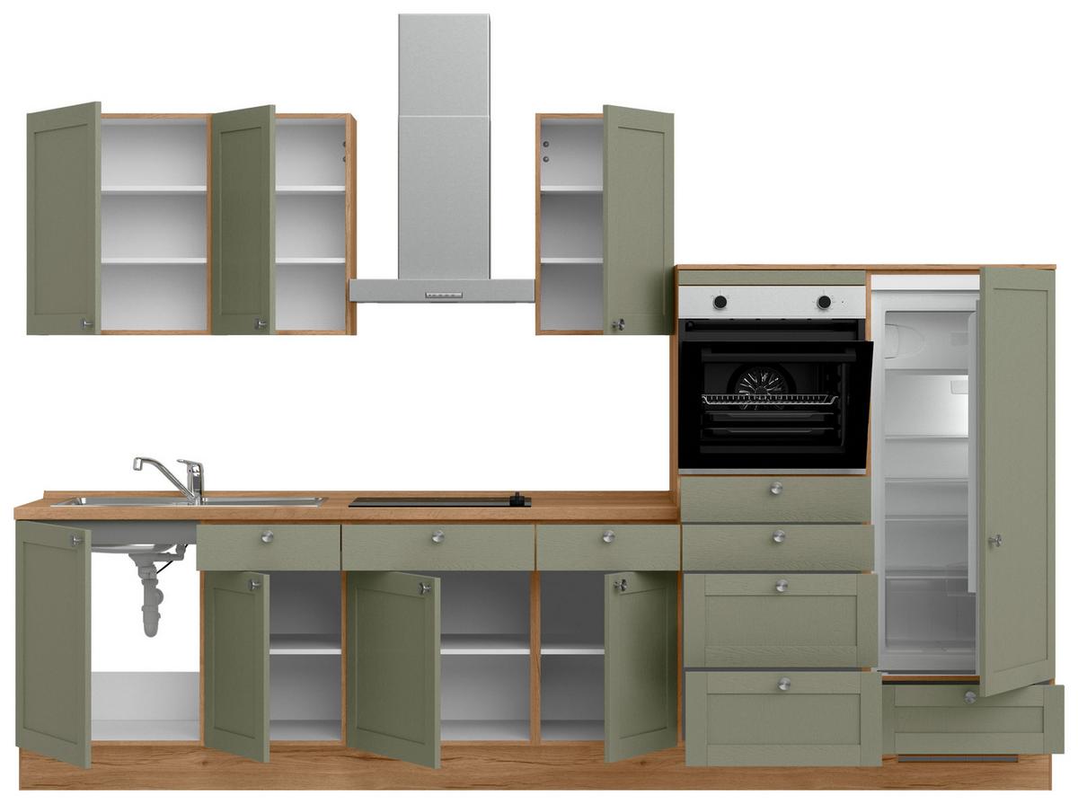 Küchenleerblock Frame Low o. Geräte Olivgrün - Edelstahlfarben/Eichefarben, MODERN, Holzwerkstoff/Metall (330cm) - Nobilia