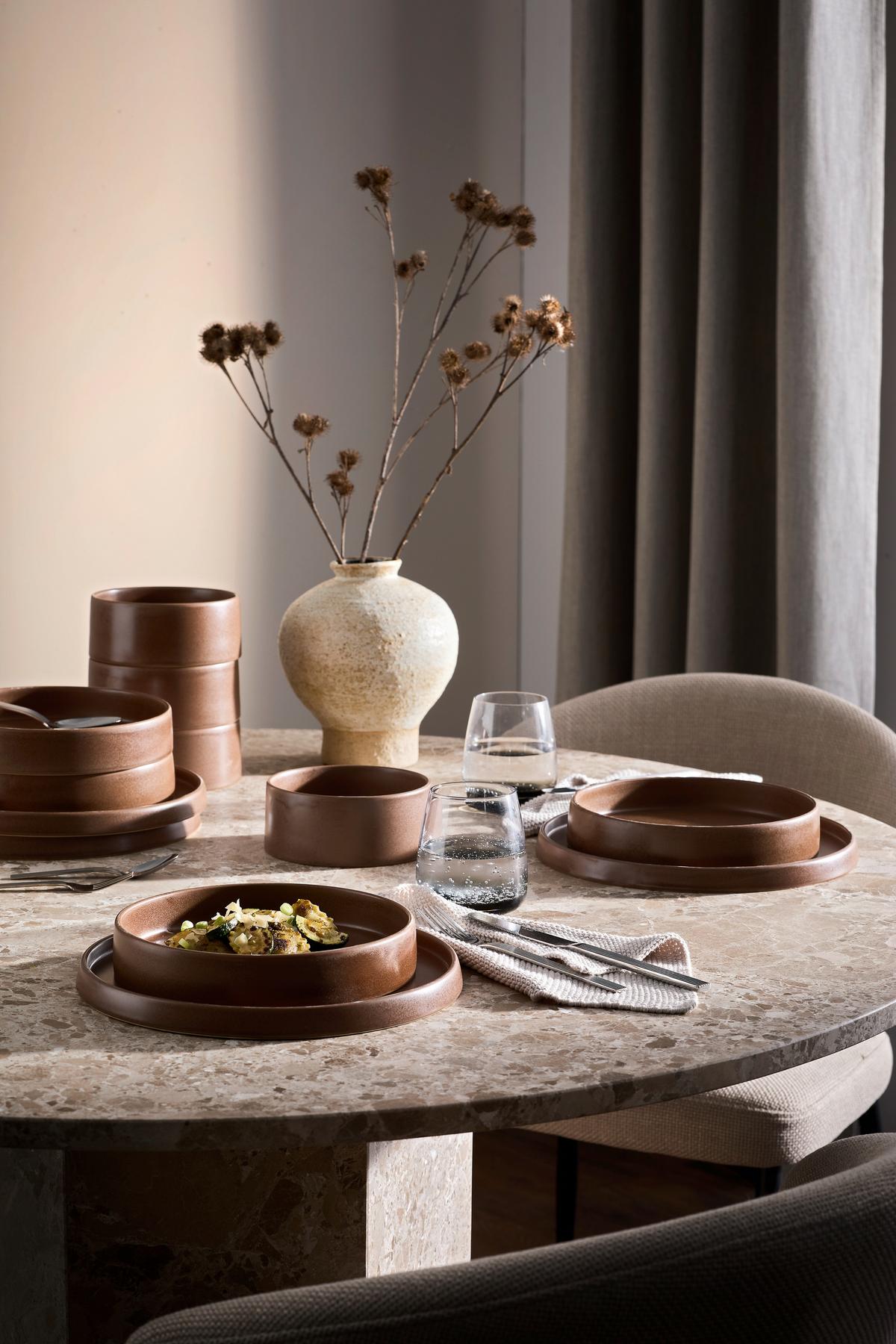 SERWIS OBIADOWO-ŚNIADANIOWY 20195 - brązowy, Trend, ceramika - Novel