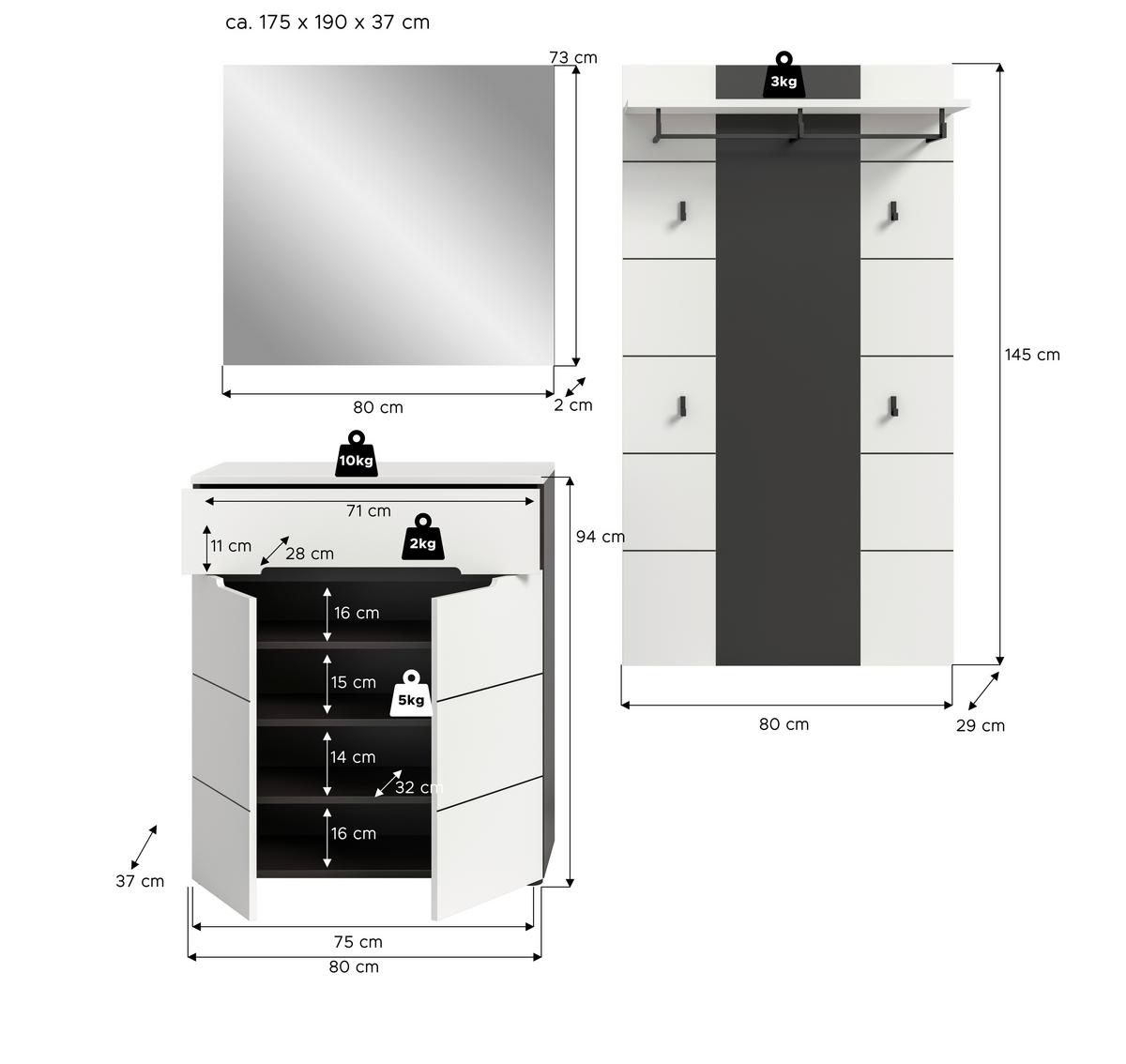 Predsoba Canu, Bela, Siva, 3-Delna - siva/bela, Design, leseni material (175/190/37cm) - Livetastic