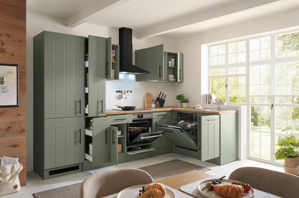 Küchenleerblock Anton o. Geräte Wildeiche/Schilfgrün - Schilfgrün/Wildeiche, Trend, Holzwerkstoff/Metall (310/172cm) - Respekta