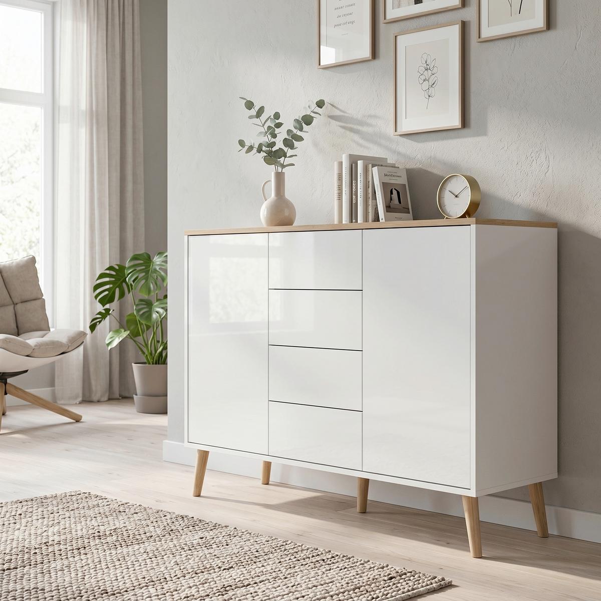 Kommode Mailand Typ 11 Weiß/Eiche - Weiß Hochglanz/Weiß, MODERN, Holz/Holzwerkstoff (105,5/86/33cm) - MID.YOU
