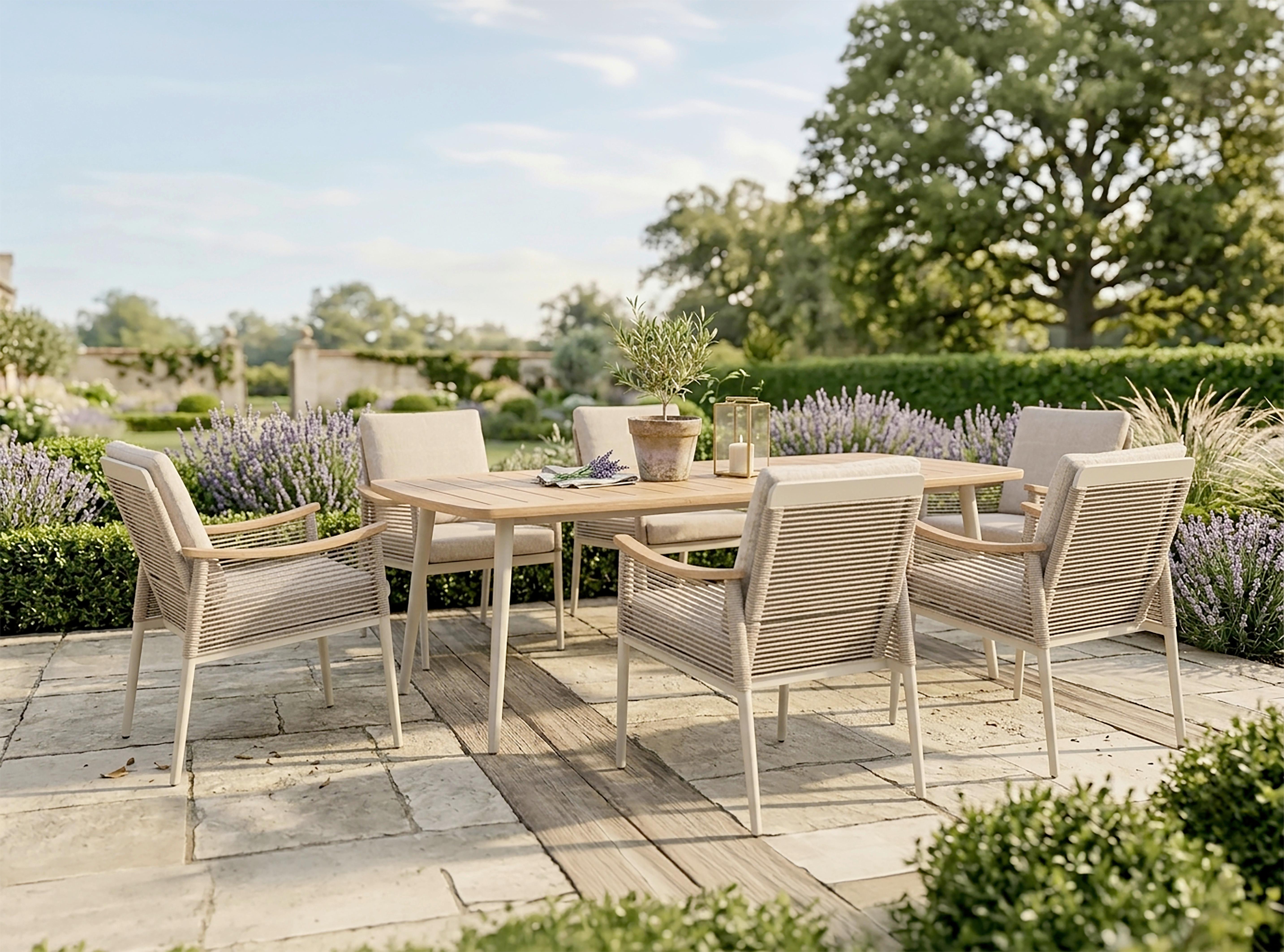 GARTENTISCHGRUPPE TISCHGRUPPE TULUM 7-TEILIG - Sandfarben/Beige, MODERN, Kunststoff/Textil - Gardenson