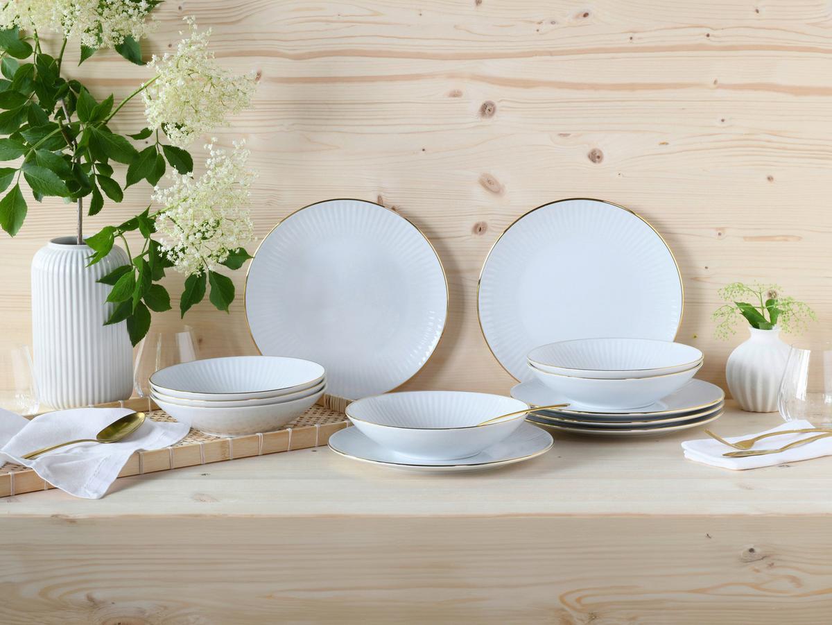 Jedilni Servis Valencia, 12-Delni - zlate barve/bela, Design, keramika - Creatable