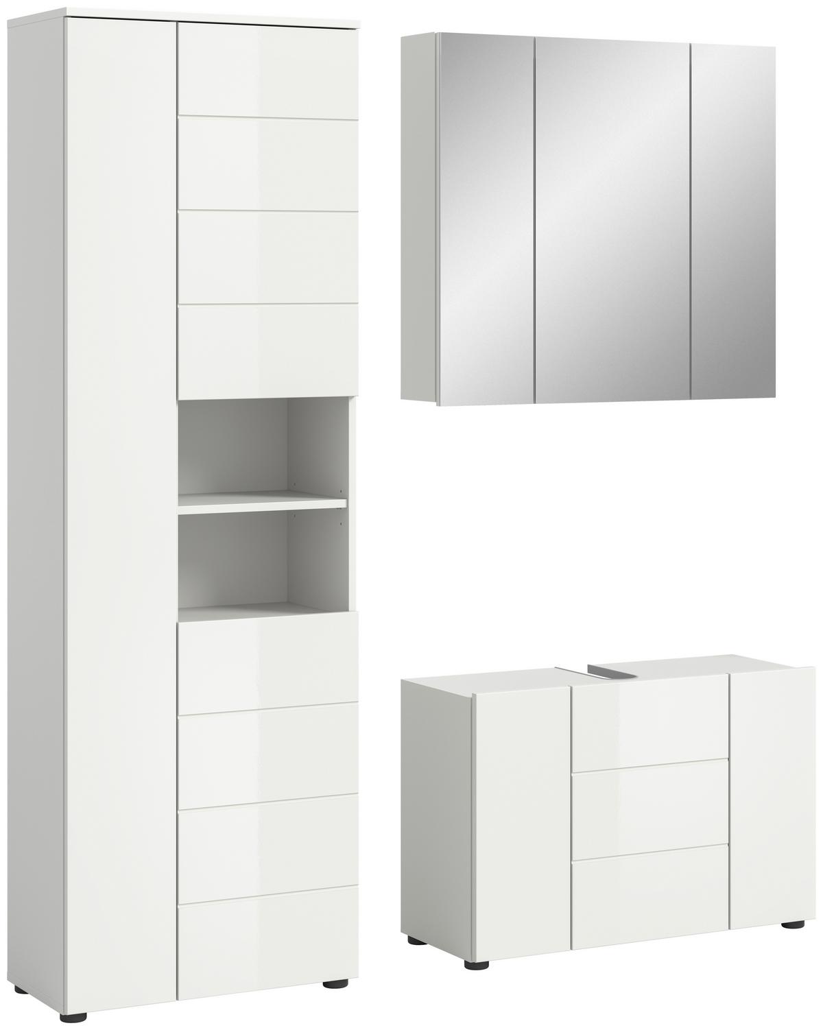 Badezimmer Vira 3-tlg. mit LED ca. 142 cm Weiß - Weiß Hochglanz/Schwarz, MODERN, Holzwerkstoff/Kunststoff (142cm) - MID.YOU