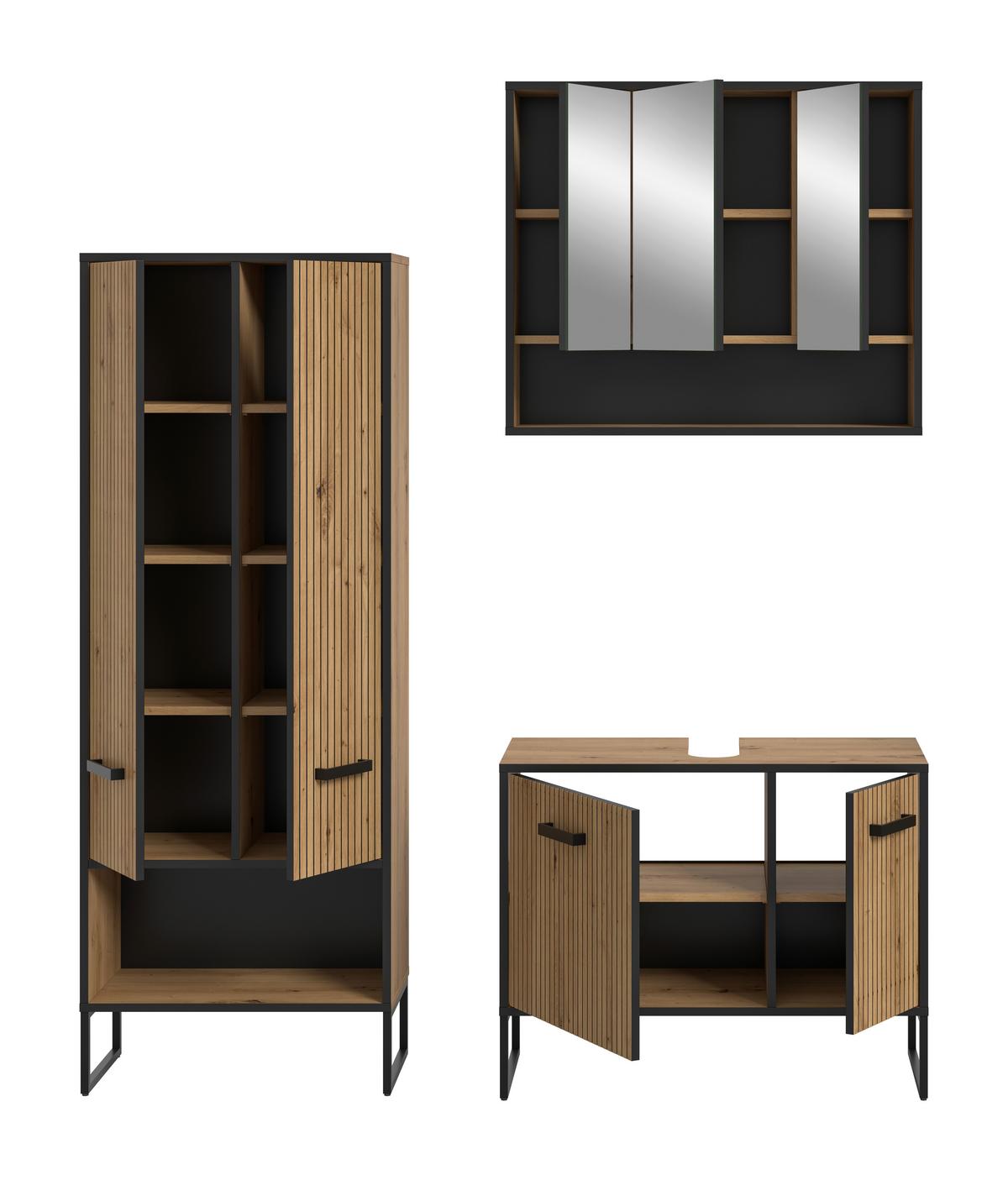 Badezimmer Bagno 3-tlg. Eiche Artisan/Schwarz - Schwarz/Eiche Artisan, Trend, Glas/Holzwerkstoff (139cm) - MID.YOU