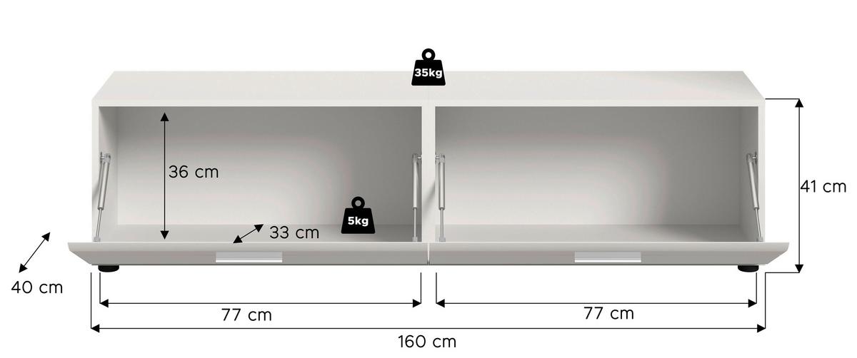 Nizka Omarica Ice, Bela Visok Sijaj - srebrne barve/črna, Design, umetna masa/leseni material (160/41/40cm) - Livetastic