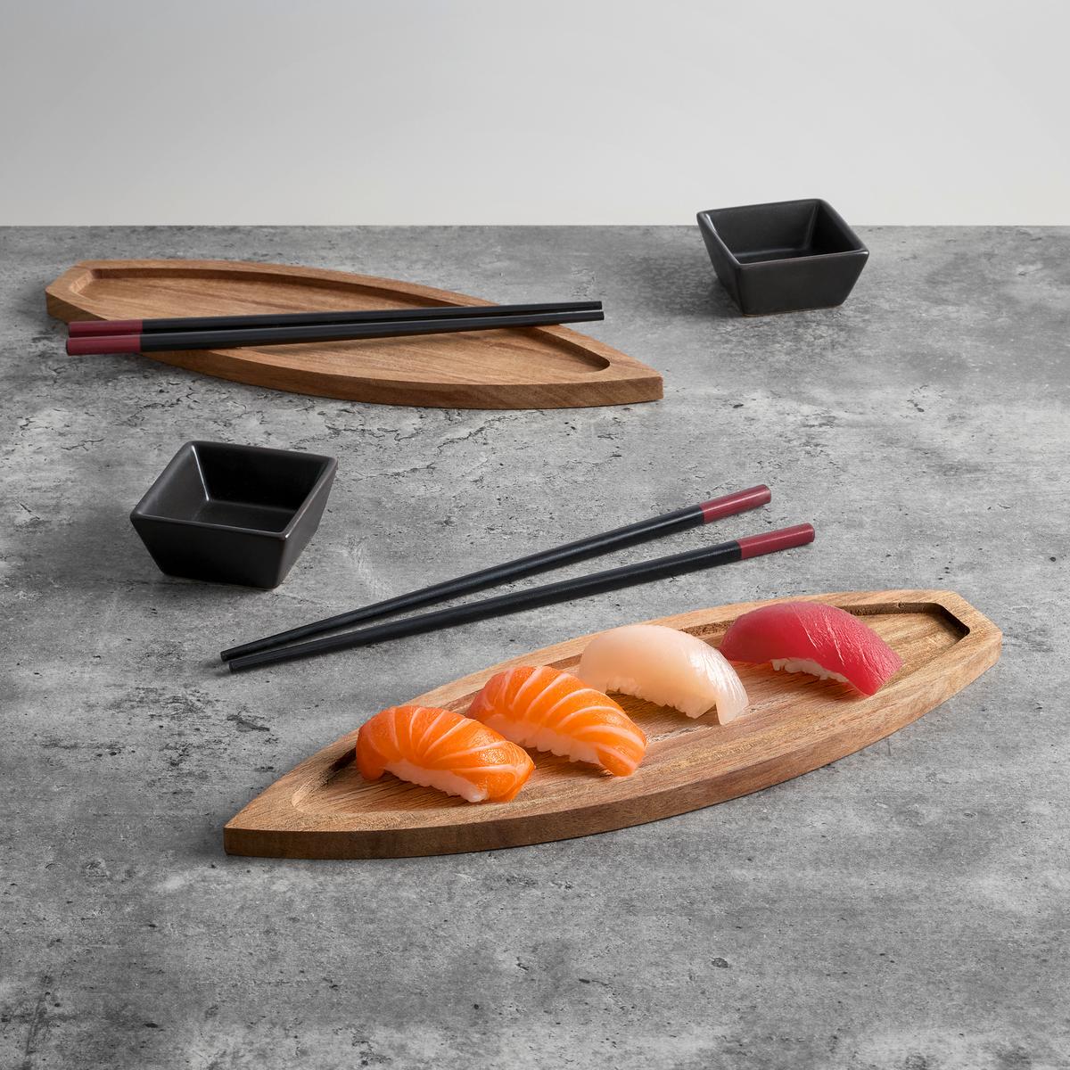 Sushi-Geschirrset Maki Braun/Schwarz, 6-teilig - Schwarz/Braun, MODERN, Holz/Stein (28.2/31.8/3.2cm)