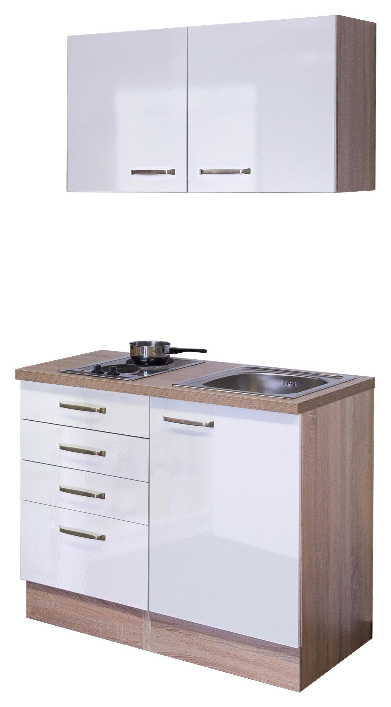 Miniküche Valero m. Geräten B: ca. 100cm Weiß Hochglanz - Edelstahlfarben/Weiß Hochglanz, MODERN, Holzwerkstoff/Metall (100cm) - FlexWell