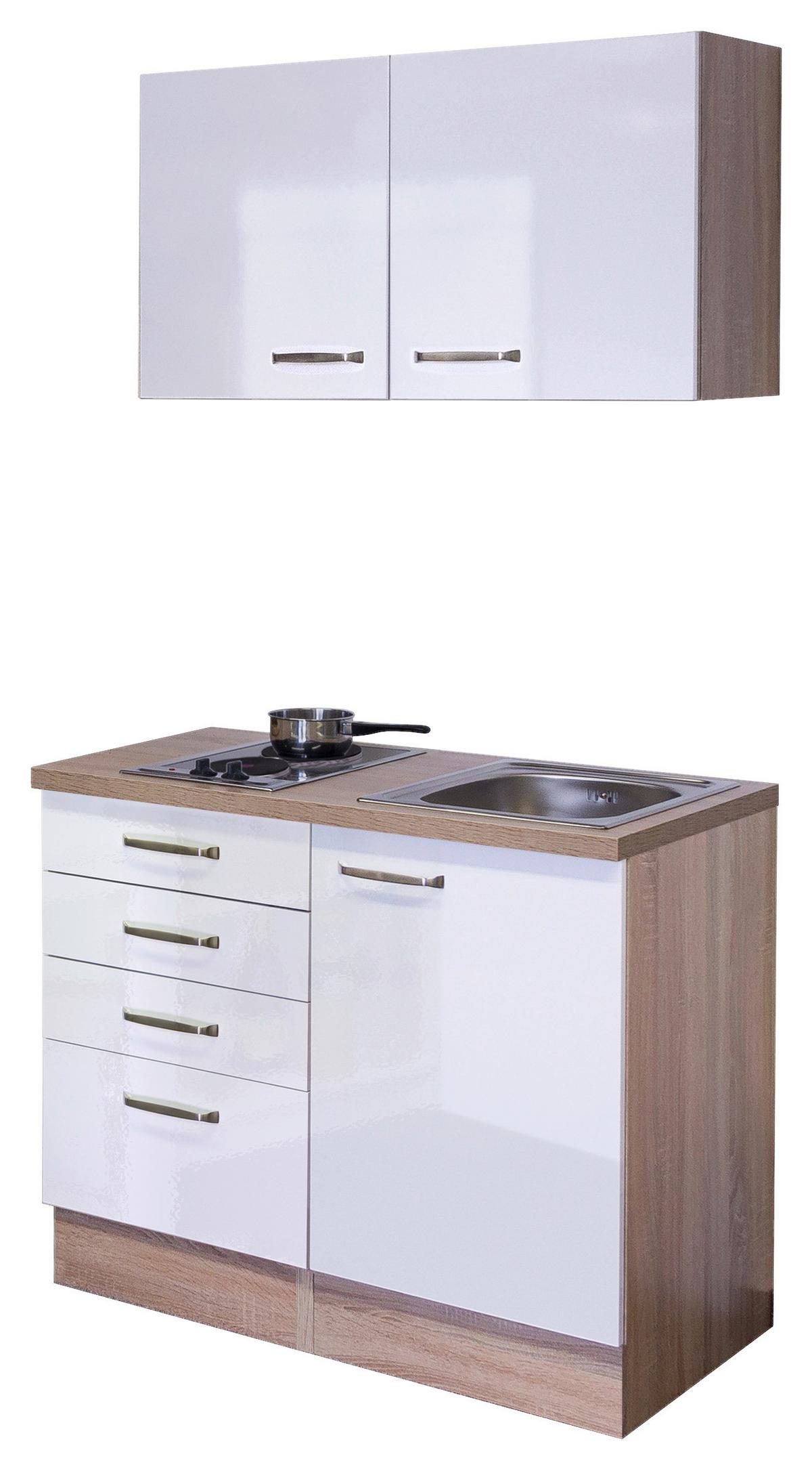 Miniküche Valero m. Geräten B: ca. 100cm Weiß Hochglanz - Edelstahlfarben/Weiß Hochglanz, MODERN, Holzwerkstoff/Metall (100cm) - FlexWell