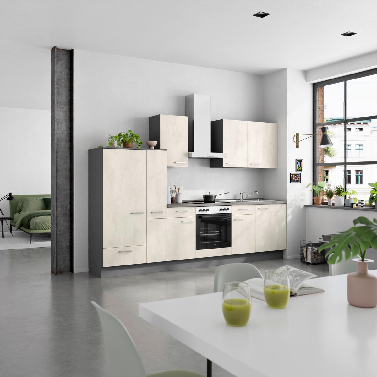 Küchenblock Riva Low m. Geräten Weiß - Schieferfarben/Edelstahlfarben, MODERN, Holzwerkstoff/Metall (300cm) - Nobilia