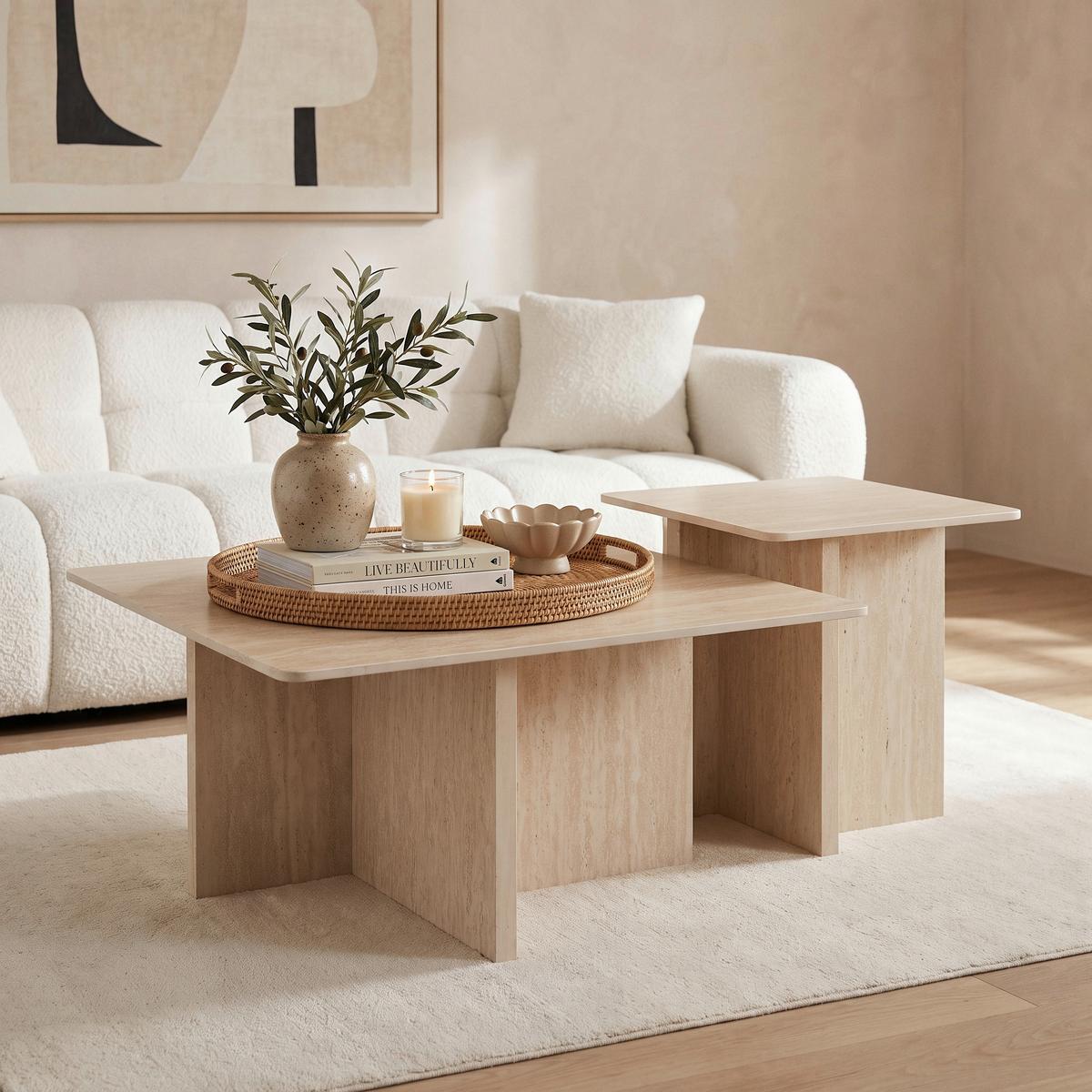 Klubska Miza Lucca, Krem Barve, 2-Delni Set - krem barve, Moderno, kamen/leseni material - Bessagi Home