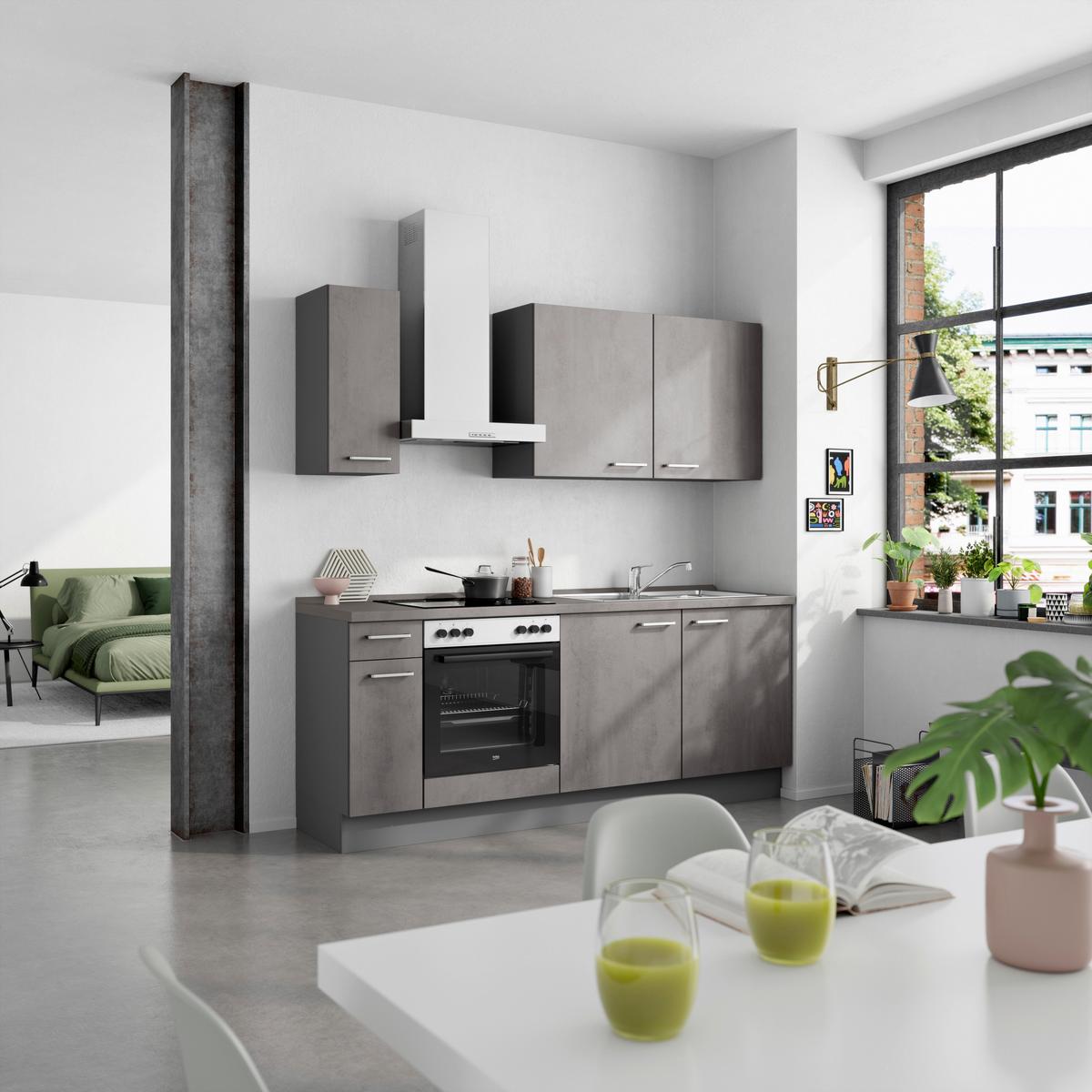 Küchenblock Riva Low m. Geräten Schieferfarben - Schieferfarben/Edelstahlfarben, MODERN, Holzwerkstoff/Metall (210cm) - Nobilia