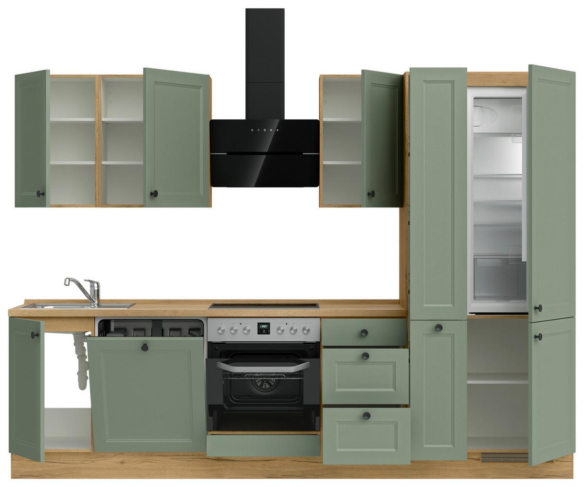Küchenblock Cascada High m. Geräten Schilfgrün - Schilfgrün/Eichefarben, MODERN, Holzwerkstoff/Metall (300cm) - Nobilia