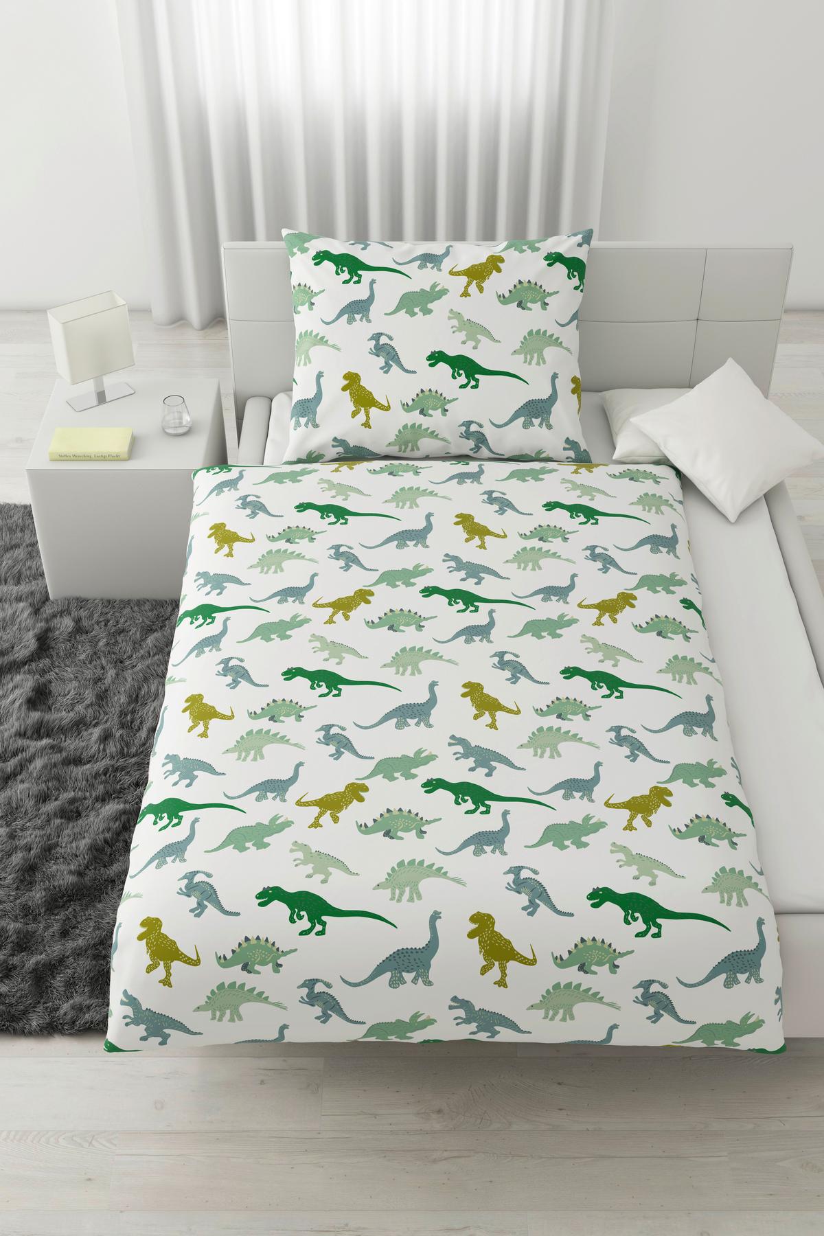 Kinderbettwäscheset DINO - Weiss/Grün, Textil (160/210cm) - Mömax